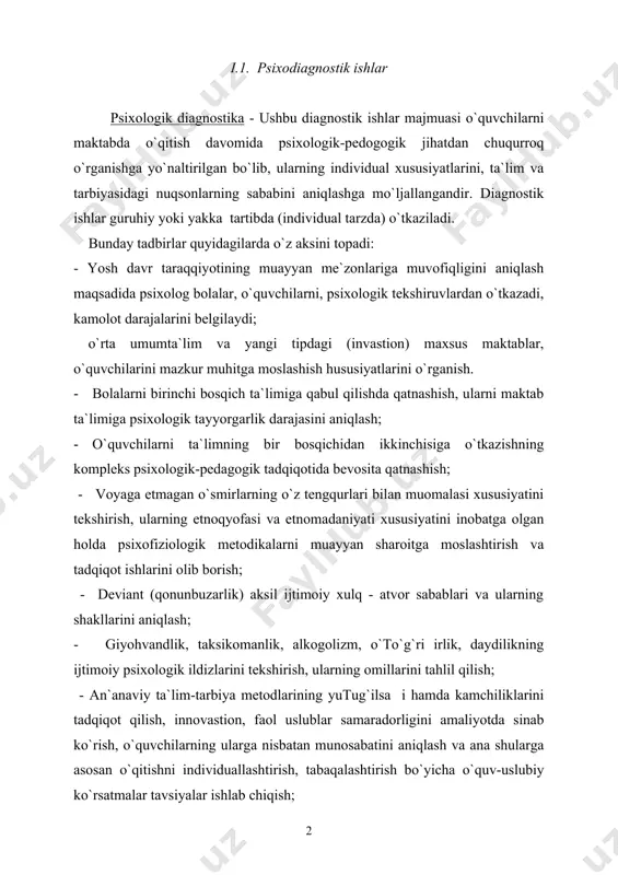 `qitishni individuallashtirish, tabaqalashtirish bo`yicha o`quv-uslubiy ko`rsatmalar tavsiyalar ishlab chiqish; - iqtidorli o`quvchilarni tanlashda ishtirok qilish, hamda psixologik tavsiyalar ishlab chiqish; i.2. psixoprofilaktik ishlar umumiy o`rta ta`lim maktablari amliyotchi psixologlarini psixoprofilaktika yo`nalishidagi ishlari mazmuni quyidagilarda ko`rinadi; psixologik profilaktika - pedagog va ota-onalarda bolalarning har bir yosh davridagi psixik taraqqiyoti haqidagi psixologik bilimlarni egallash ehtiyojlarini tarkib toptirish bilan bola shaxsi va aqliy taraqqiyotida sodir bo`lishi mumkin bo`lgan har qanday salbiy oto`g`ri ishlarning o`z vaqtida oldini olishga qaratilgan psixologik tadbirlardan iboratdir. jumladan: · o`quvchining muayyan sharoitga moslashishi (ko`nikishi)ga oid (adaptastion) ishlarni olib borish; - maktabgacha yoshdagi bolalarning boto`g`ri cha sharoitiga moslashishi buning uchun ijtimoiy moslashish bilan boto`g`ri liq bo`lgan maxsus guruhlar tuzish, nevrotik holatlarni bartaraf qilish, tarbiyasi qiyin bolalar bilan va ularning ota-onalari, tarbiyachilari bilan alohida ishlashni tashkil qilish; -ota-onalarga farzandlarining bilimlaridagi uzilishlarni kamaytirish uchun maxsus uslubiy yo`l- yo`riq berish; -o`quvchining qobilyati, mayli, moyilligi, iqtidori, psixologik fazilatlari va xususiyatlarini to`laqonli darajada nomoyon bo`lishini …