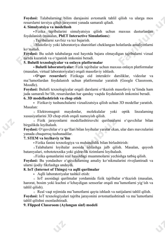 lan, oddiy telefon yoki planshet orqali elektromagnit to‘lqinlar yoki kuch chiziqlarini real vaqt rejimida ko‘rish. foydasi: bu texnologiyalar o‘quvchilarga nazariy bilimlarni aniqroq tasavvur qilishga yordam beradi va ularni ta’lim jarayoniga faolroq jalb qiladi. 2. gamifikatsiya (o‘yinlashtirish) · o‘yin texnologiyalari orqali o‘qitish: masalan, fizik hodisalarni tushuntiruvchi o‘quv o‘yinlarini ishlab chiqish. · elektrik zanjirlarni tuzish yoki to‘lqin harakatini boshqarish orqali o‘yin elementlari yordamida fizikaning asosiy tushunchalarini mustahkamlash. · physics sandbox yoki kerbal space program kabi o‘yinlar orqali o‘quvchilarga astrofizika va mexanika qonunlarini o‘rganish imkoniyatini berish. foydasi: bu yondashuv o‘quvchilarni qiziqtiradi, ular murakkab mavzularni o‘yin shaklida osonroq o‘zlashtiradilar. 3. sun’iy intellekt va adaptiv ta’lim tizimlari · sun’iy intellekt yordamida: · har bir o‘quvchi uchun individual o‘quv dasturlarini yaratish. · fizika masalalarini yechish bo‘yicha talabaning rivojlanish darajasini kuzatib borish va unga mos maslahatlar berish. · ai yordamchilari (chatbotlar) orqali fizikaga oid savollarga javob olish yoki tushuntirishlar berish. foydasi: talabalarning bilim darajasini avtomatik tahlil qilish …