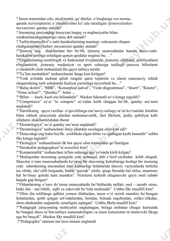 a liberal boshqaruv uslubining yuqori ko'rsatkichlariga egalik xususiyatlari o'qituvchining qanday kompetentsiyasi mavjudligini anglatadi? ? o'zbekiston sharoitida pedagogga xos kasbiy kompetentlik, uning o'ziga xos jihatlari kim tomonidan o'rganilgan? ? pedagogning o'z faoliyati xato va kamchiliklarni takrorlamaslikka intilishi - o'z ustida ishlashining nechanchi bosqichi hisoblanadi? ? ulardan biri ta’lim oluvchilarni o‘qitishning guruhli (jamoaviy) turi deb ataladi. qaysi asrlar davomida yevropada ishlab chiqarishning rivojlanishi kuzatildi va uning natijasida ta’lim berishning ommaviy shakli yuzaga keldi. ? “matematika” so`zining lug`aviy ma`nosi nima ? insоn tоmоnidаn оilа, аtrоf-muhit, qo’shnilаr, o’rtоqlаrigа xоs nоrmа, qаrаsh stеriоtiplаrini o’zlаshtirishni ko’zdа tutаdigаn ijtimоiylаshuv mеxаnizmi qаndаy аtаlаdi? ? insоnning jаmiyatdаgi muаyyan huquq vа mаjburiyatlаr bilаn xаrаktеrlаnаdigаnmаvqеi nimа dеb аtаlаdi? ? tаrbiyalаnuvchi o’z xаtti-hаrаkаtlаrining mаntiqiy xulоsаsini chiqаrа оlаdigаnijtimоiylаshuv mеxаnizmi qаndаy аtаlаdi? ?"ijtimoiy ong shakllaridan biri bo‘lib, ijtimoiy munosabatlar hamda shaxs-xatti-harakatini tartibga soladigan qonun-qoidalar majmui bu …" ?"organizmning morfologik va funksional rivojlanishi, jismoniy sifatlarni, qobiliyatlarni rivojlantirish, jismoniy madaniyat va sport sohasiga taalluqli maxsus bilimlarni …