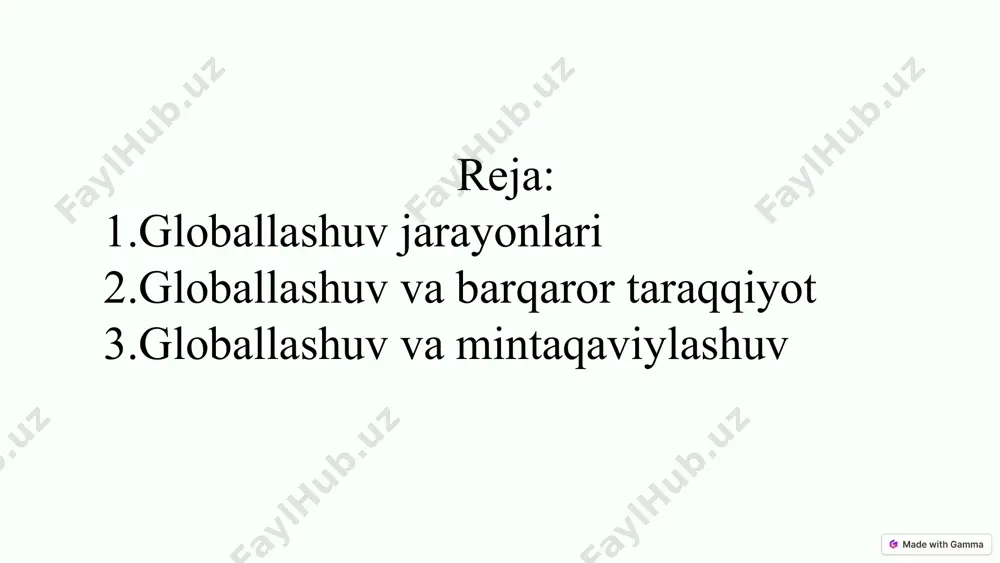 anfaatlar globallashuv jarayonlari davlat suvereniteti va milliy manfaatlarga ham ta'sir ko'rsatadi. globallashuv jarayonida mamlakatlar iqtisodiy, siyosiy va madaniy sohada o'zaro integratsiyalashadi. 7 globallashuv jarayonining ijobiy va salbiy tomonlari ijobiy tomonlari globallashuv jarayoni xalqaro hamkorlik va iqtisodiy integrasiyani rivojlantiradi, axborot va texnologiyalar almashinuvini osonlashtiradi, dunyoqarashni kengaytiradi. salbiy tomonlari globallashuv jarayoni mahalliy madaniyat va an'analarning yo'qolishiga, iqtisodiy tafovutlarning yanada kuchayishiga, ekologik muammolar keskinlashuviga olib kelishi mumkin. muvozanatlash zarurati globallashuv jarayonlarida ijobiy va salbiy omillar bir-biriga tengma-teng bo'lganligidan, uni muvozanatlashtirib borish dolzarb masala hisoblanadi. 8 mintaqalashuv jarayonining afzalliklari va kamchiliklari 1 mintaqalashuv afzalliklari mintaqaviy integratsiya jarayoni tovarlar, xizmatlar, kapital va mehnat resurslari ayirboshlashini yengillashtirib, iqtisodiy barqarorlikni ta'minlaydi. shu bilan birga, mintaqaviy xavfsizlik, siyosiy barqarorlik va muvozanatni mustahkamlaydi. 2 mintaqalashuv kamchiliklari mintaqaviy integratsiya jarayonida milliy manfaatlar va suverenitet masalasi dolzarb muammolardan biri bo'lib qoladi. ayrim hollarda mintaqaviy bloklar globallashuv jarayoniga salbiy ta'sir ko'rsatishi ham mumkin. 9 globallashuv va mintaqalashuv jarayonlarining mahalliy iqtisodiyotga ta'siri globallashuv …