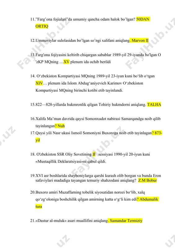 ylari madadiga tayangan temuriy shahzodani aniqlang? z.m bobur 20. buxoro amiri muzaffarning tobelik siyosatidan norozi bo‘lib, xalq qo‘zg‘oloniga boshchilik qilgan amirning katta o‘g‘li kim edi? abdumalik tura 21. «dastur al-muluk» asari muallifini aniqlang. samandar termiziy 22. yusuf bayoniy qalamiga oid xiva xonligi tarixi bilan bog’liq asarni aniqlang. shajarai xorazmshohiy 23. buxoro amirligida moliya-xazina ishlarini va soliq va jarimalarning undirilishi ustidan nazoratni qaysi lavozmi egasi amalga oshirgan? devonbegi 24. buxoro amirligida tanobona solig‘ining miqdori nimaga asoslanib belgilangan? bozorning uzoq yaqinligiga qarab. 25. 1451-yida temuriy shahzodalar abu said bilan mirzo abdulla o‘rtasida jang qayerda bo‘lgan? sheroz qishlogi yaqinidagi bulung’ur anhori yoqasida 26. o’lkamiz hududiga arab qabilalarining kirib kelishi qaysi asrlarga to’g’ri keladi? vii viii asrlar 27. xix-asrning birinchi yarmida xiva xonligi aholisi qancha edi? 800 ming 28. qaysi buxoro amiri 1842-yilda qo’qon xonligini bosib olgan? nasrullaxon 29. amir nasrullo qaysi shaharni 32 marta yurishdan so’ng 1856-yilda egallagan? shahrisabz 30. «sharqni egalla» siyosati …
