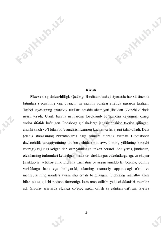 an mamlakatlarga elchiliklar juda kam yuborilgan . manbalarda, asosan, hindiston ichkarisida mavjud bo’lgan davlatlarga yuborilgan elchiliklar haqida gap yuritiladi. hindiston hududida ko’plab kichik davlatlarning mavjud bo’lishi elchiliklar sonining shunga mos bo’lishini talab qilardi. tobe davlatlar oliy xukmdor poytaxtida doimiy vakillariga ega bo’lishgan. elchilik xizmatining tashkil qilinishi qadimgi hindiston davlatlarining rivojlanish darajasiga mos bo’lgan. maxsus diplomatik muassasa, aftidan, shakllanmagan bo’lsa ham, elchilik vazifalarini podsho nomidan ish olib borgan oliy mansabdor shaxslar yoki batafsil ko’rsatmalar olgan oddiy amaldorlar bajargan. elchilardan nomalarni (maktublarni, xatlarni ) yetkazib berish niqobi ostida raqibni yoki uning eng qudratli amaldorini yo’q qilish maqsadida ham foydalanilgan. kurs ishining maqsadi: qadimgi hindistonda davlatlararo munosabatlari mavzusini o’qitishning nazariy va amaliy masalalarini tadqiq etish, mavzu yuzasidan o’qitishni takomillashtirish bo’yicha xulosa, taklif va tavsiyalar ishlab chiqishdan iborat. kurs ishining maqsadidan kеlib chiqib quyidagi vazifalar bеlgilab olindi: · «qadimgi hindistonda davlatlararo munosabatlari» mavzusini chuqur ilmiy o’rganib ta’rif bеrish uchun mazkur soha olimlarining tеgishli adabiyotlarini …