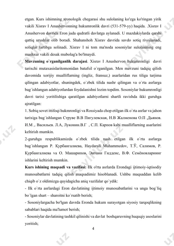 lanilgan adabiyotlar ro'yhati va ilovadan iborat. i bob. eron sosoniylar hukumronligi davrida. 1.1.eronda sosoniylar hukumronligining boshlanishi. sosoniylar davlati iii asrning boshida o‘z davrining eng qudratli davlatlaridan sanalgan parfiyaning parchalanishi natijasida tashkil topdi. sosoniylar davlatining tarkibiga u eng kuchaygan paytda eronning barcha hududlari, mesopotamiya, hamda hindistonga tutash sharqiy yassi tog‘li hududlar kirardi. sosoniylar imperiyasining asosiy aholisi sun’iy sug‘orishga asoslangan dehqonchilik bilan mashg‘ul bo‘lgan. shuningdek, mamlakatning tog‘li tumanlarida ko‘chmanchi chorvadorlar yashab, ular chorvachilik bilan shug‘ullanardi. davlatda mavjud bo‘lgan shaharlarning asosiy qismi mamlakatning g‘arbiy qismida joylashgan edi. ularning eng kattasi, poytaxt ktesifon shahri edi. sosoniylar davlatida mavjud bo‘lgan shaharlar o‘z davrining yirik hunarmandchilik markazlari sanalgan. shu boisdan ham ushbu shaharlarda yaratilgan hunarmandchilik mahsulotlari dunyoga mashhur bo‘lgan. ayniqsa, ajoyib gazlama va qurollar yuqori sifati bilan nom qozongan edi. iii asr boshida hozirgi eron hududi parfiya qo‘l ostida nomigagina birlashtirilgan edi. o‘zaro ichki kurashlar va rim bilan urushlar mamlakatni kuchsizlantirdi. eron yerlarini yangitdan birlashtirish fors …