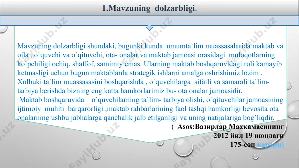 ariga oqsayotgan tomonlarini aniqlab, uni tuzatishga harakat qilishadi va maktabga serqatnov bo`lishadi qiyosiy tahlil : ota- onalarning kundalik com platformasi kuzatib borishlari yo`lga qo`yilgan , lekin shunga qo`shimcha sifatida o`quvchining xulqi ham baholanib borilsa yaxshi bo`lardi. mavzu yuzasidan xorijiy tajribalarni o‘rganilganligi yaponiyada bolalar tarbiyasida onalarning roli va mas’uliyati ayniqsa kattadir. ota onalar farzandlarining aqlli, dono va mehnatsevar bo’lib o’sishlari uchun oila sulolasi va davlat oldida o’zlarini ma’sul deb hisoblaydi. yaponiyada oilaviy tarbiya xususida ko’plab metodik qo’llanmalar va tavsiyanomalar nashr etiladi, radio va televideniya orqali ko’plab pedagogik maslahatlar berib boriladi. yaponiya oilalaridagi uy partalari diqqatga sazovordir. unda muhofazalangan qurilma bo’llib, parta ustida kitob javoni, yoritkich, soat, qalam, qog’oz, mikrokalkulyator va boshqa zaruruy ashyolar, shuningdek kerak bo’lib qolgan taqdirda ota-onalarini chaqiradigan signal tugmachalarigacha o’rnatilgan. eng muhimi uy partalarini sinf rahbarlar nazorat qiladi va o`quv yili yakunida natija e`lon qilinadi. eng qizig`i shundaki, davlat tomonidan ularga shunday vakolat berilgan muammo yuzasidan xorijiy tajribalarni …