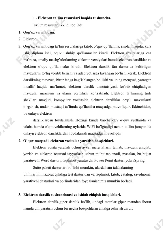 ativchi dasturlari va bo’limlaridan foydalanishimiz mumkin bo’ladi. 3. elektron darslik tushunchaasi va ishlab chiqish bosqichlari. elektron darslik-giper darslik bo’lib, undagi matnlar giper matndan iborat hamda uni yaratish uchun bir necha bosqichlarni amalga oshirish zarur: 1. birinchidan, bu bo’lajak elektron darslikning boblari, nomi va bo’limlari word dasturida oldindan ilmiy va orfografik hatosiz tayyorlanib olinishi zarur. 2. ikkinchidan, dasturiy vosita tanlash kerak, yani qaysi kompyuter dasturi muhitida darslik yaratiladi, shuni tanlab olish kerak bo’ladi. 3. uchinchidan, dasturiy vositada elektron darslik tayyorlash jarayoninin o’rganish zarur. 4. to’rtinchidan, elektron darslik yaratiladi va saqlanadi. 5. elektron darslik tayyorlashdagi kamchiliklarni bartaraf etiladi, elektron darslik takomillashtiriladi. uning muqovasi, asosiy qismi, menyulari. muallif haqida axborot , elektron darslik mavzusi, unga annotatsiya kabi jarayonlar yaratiladi. endi elektron darlik yaratishga doir sunravbook office, front page va courslab dasturlari haqida va ularda elektron darslik yaratish uchun bilish kerak bo’lgan materiallarni keltiramiz: sunrav bookoffice dasturi yordamida elektron kitob yaratish bu dasturda elektron …