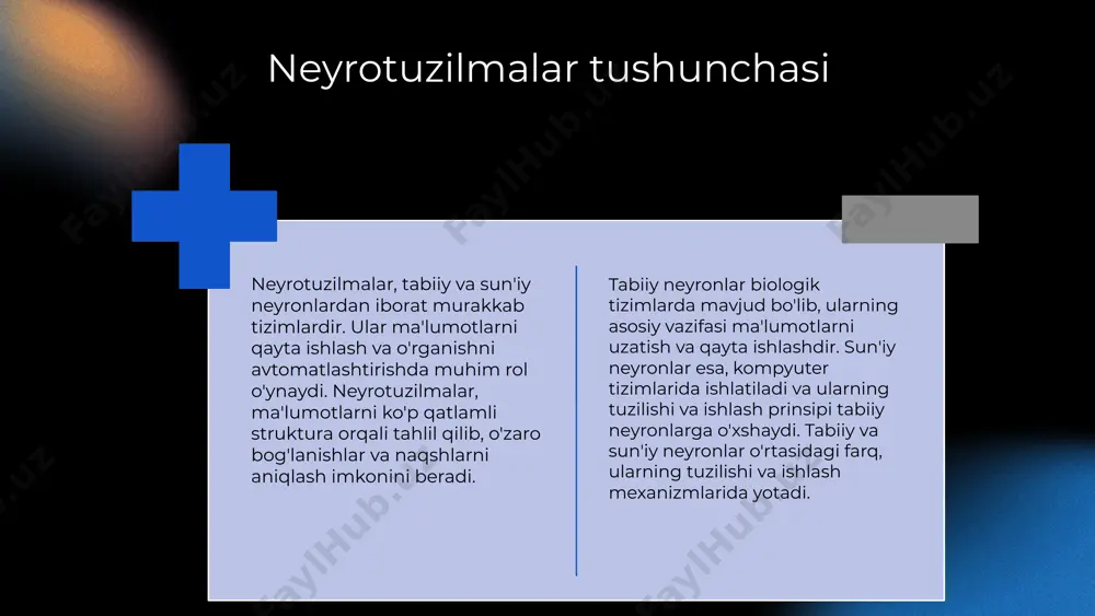 malar marketing, tibbiyot va boshqa sohalarda muvaffaqiyatli qo'llaniladi. o'zgaruvchan sharoitlarda o'zgaruvchan sharoitlarda tez va samarali qaror qabul qilishni ta'minlaydi. kelajak istiqbollari intellektual tizimlar kelajakda yanada rivojlanib, yangi imkoniyatlar yaratadi. neyrotuzilmalar orqali o'rganish jarayoni • neyrotuzilmalar o'rganish jarayonini tezlashtiradi va aniqligini oshiradi. • o'rganish jarayonidagi muhim qadamlar: ma'lumotlar yig'ish, tahlil qilish va o'qitish. • yuzaga keladigan muammolar: ortiqcha ma'lumot va noto'g'ri tasniflash. hal etish usullari: ma'lumotlarni optimallashtirish va algoritmlarni yaxshilash. photo by thisisengineering on unsplash sun'iy neyronlarning kelajagi sun'iy neyronlar rivojlanishi texnologiyalar sohasida inqilobiy o'zgarishlarni keltirib chiqaradi. ular murakkab ma'lumotlarni qayta ishlash va o'rganish qobiliyatiga ega bo'lib, inson miyasi faoliyatini taklif etadi. neyronlarning rivojlanishi sun'iy intellekt va mashinasozlikda yangi ufqlarni ochadi. kelajakda sun'iy neyronlar quyidagi sohalarda keng qo'llanilishi kutilyapti: 1. tibbiyot: kasalliklarni aniqlash va davolashda yordam. 2. transport: avtomatik boshqaruv tizimlari va xavfsizlikni oshirish. 3. ta'lim: individual o'quv dasturlari va ta'lim jarayonlarini optimallashtirish. 4. ishlab chiqarish: samaradorlikni oshirish uchun avtomatlashtirish. innovatsion …