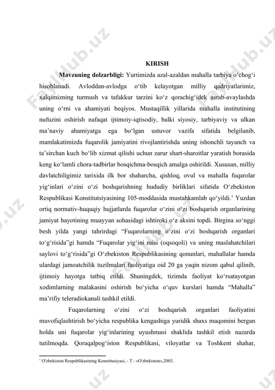 o‘zbekiston respublikasining qonunlari, mahallalar hamda ulardagi jamoatchilik tuzilmalari faoliyatiga oid 20 ga yaqin nizom qabul qilinib, ijtimoiy hayotga tatbiq etildi. shuningdek, tizimda faoliyat ko‘rsatayotgan xodimlarning malakasini oshirish bo‘yicha o‘quv kurslari hamda “mahalla” ma’rifiy teleradiokanali tashkil etildi. fuqarolarning o‘zini o‘zi boshqarish organlari faoliyatini muvofiqlashtirish bo‘yicha respublika kengashiga yuridik shaxs maqomini bergan holda uni fuqarolar yig‘inlarining uyushmasi shaklida tashkil etish nazarda tutilmoqda. qoraqalpog‘iston respublikasi, viloyatlar va toshkent shahar, tumanlar va shaharlarda tuzilgan kengashlarni esa respublika kengashining tarkibiy tuzilmalari sifatida tashkil etish belgilandi. kengashlarning nufuzi va maqomini oshirish, joylarda aholi tomonidan ko‘tarilayotgan masalalarni ijro hokimiyati organlarining rahbarlari e’tiboriga yetkazish va mazkur masalalarni hal etish bo‘yicha ularning bevosita ishtirokini yanada kengaytirish maqsadida o‘zbekiston respublikasi bosh vaziri, qoraqalpog‘iston respublikasi jo‘qorg‘i kengesi raisi, viloyatlar, toshkent shahar hamda tumanlar va shaharlar hokimlari zimmasiga tegishincha respublika kengashi, hududiy kengashlarga jamoatchilik asosida raislik qilish vazifasi yuklatildi. kengashlar zimmasiga yuklatilgan vazifalar ijrosini samarali ta’minlash, fuqarolarning o‘zini o‘zi boshqarish organlari faoliyatining …