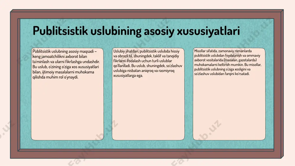 ashtiradi. samimiy so'zlashuv uslubida quyidagi misollar keltirilishi mumkin: 1. o'z fikrlaringizni ochiq va samimiy ifoda etish. 2. tinglovchiga savollar berish va uning fikrini qiziqarli tarzda tinglash. 3. o'z tajribangizni baham ko'rish, bu esa muloqotni yanada jonli qiladi. ta'siri: - tinglovchilarni jalb qiladi va ma'lumotni yaxshiroq eslab qolishlariga yordam beradi. - nutq so'zlovchi va tinglovchi o'rtasida ishonch va munosabatlarni rivojlantiradi. - ochiq muloqot va fikr almashish uchun sharoit yaratadi. so'zlashuv uslubining interaktivligi so'zlashuv uslubi interaktivlikni ta'minlash orqali tinglovchilarni jalb qilishda muhim ahamiyatga ega. ushbu uslubda, tinglovchilar faol ishtirok etishga undaladi, bu ularning e'tiborini oshiradi va aloqani samarali qiladi. - tinglovchilar bilan muhokama va savol-javob sessiyalari o'tkaziladi. - qiziqarli misollar orqali qiziqish uyg'otiladi. - o'zaro fikr almashish imkoniyati yaratiladi. - o'zaro aloqa: tinglovchilar fikrlarini ochiq savollar orqali ifodalashlari uchun imkoniyat beriladi. - suhbat davomida tinglovchilarning fikr va hissiyotlari inobatga olinadi. - guruhlarda ishlash orqali o'zaro munosabatlar mustahkamlanadi. uslublar o'rtasidagi asosiy farqlar publitsistik …