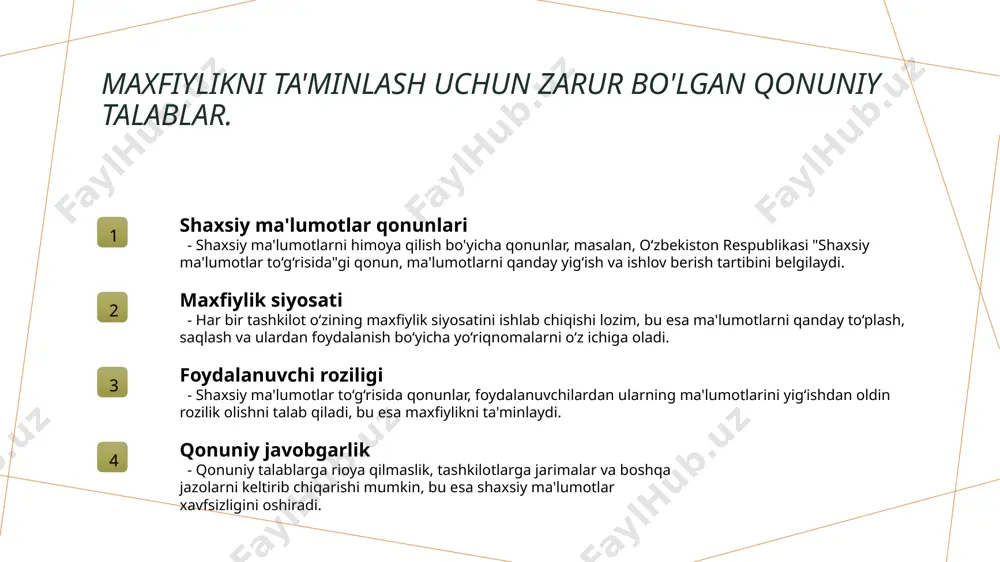 shaxsiy ma'lumotlarni o'g'irlashga qaratilgan. ularning oldini olish uchun harakat qilish zarur. shifrlash texnologiyalari shifrlash ma'lumotlarni himoya qilishda muhim rol o'ynaydi. bu, ma'lumotlarni o'qish uchun maxsus kalitlardan foydalanishni talab qiladi, shuning uchun ular xavfsiz bo'ladi. tarmoq xavfsizligi tarmoq xavfsizligi, masalan, xavfsiz tarmoqlarni yaratish va firewall-lardan foydalanish, kiber hujumlarga qarshi samarali himoya choralaridir. xavfsiz dasturlar antivirus dasturlari va kiber xavfsizlikni ta'minlovchi boshqa dasturlar, kiber tahdidlardan himoyalanishda muhim ahamiyatga ega, foydalanuvchilarni tahdidlardan himoya qiladi. xulosa shaxsiy ma'lumotlarni himoya qilishning ahamiyati shaxsiy ma'lumotlarni himoya qilish zamonaviy dunyoda juda muhimdir. bu, foydalanuvchilarning maxfiyligini ta'minlash va kiber tahdidlardan himoyalanish imkonini beradi. qonuniy talablar va standartlar maxfiylikni ta'minlash uchun turli qonuniy talablar va standartlar mavjud. ular, shaxsiy ma'lumotlarning to'g'ri yig'ilishi va saqlanishini nazorat qiladi. kiberxavfsizlikda zamonaviy yechimlar kiberxavfsizlikni ta'minlash uchun zamonaviy texnologiyalar va usullar muhim rol o'ynaydi. kiber tahdidlarga qarshi kurashda innovatsion yechimlar doimiy ravishda rivojlanmoqda. e'tiboringiz uchun rahmat! /docprops/thumbnail.jpeg