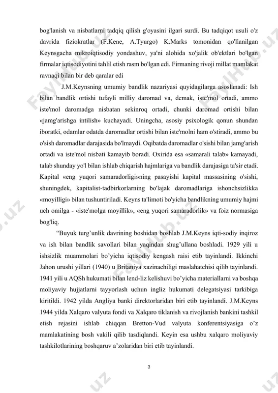 shug’ullana boshladi. 1929 yili u ishsizlik muammolari bo’yicha iqtisodiy kengash raisi etib tayinlandi. ikkinchi jahon urushi yillari (1940) u britaniya xazinachiligi maslahatchisi qilib tayinlandi. 1941 yili u aqsh hukumati bilan lend-liz kelishuvi bo’yicha materiallarni va boshqa moliyaviy hujjatlarni tayyorlash uchun ingliz hukumati delegatsiyasi tarkibiga kiritildi. 1942 yilda angliya banki direktorlaridan biri etib tayinlandi. j.m.keyns 1944 yilda xalqaro valyuta fondi va xalqaro tiklanish va rivojlanish bankini tashkil etish rejasini ishlab chiqqan bretton-vud valyuta konferentsiyasiga o’z mamlakatining bosh vakili qilib tasdiqlandi. keyin esa ushbu xalqaro moliyaviy tashkilotlarining boshqaruv a’zolaridan biri etib tayinlandi. j.m.keyns va uning izdoshlari tavsiya etgan davlatning iqtisodiyotga aralashuvi chora-tadbirlari iqtisodiyotda alohida yo’nalish sifatida – keynschilik deb ataladi. 1929-1933 yillardagi buyuk turg’unlik davri klassiklarning bozor iqtisodiyoti o’zini-o’zi tartiblovchi iqtisodiyot degan g’oyasi ayni sharoitda noto’g’ri ekanligini ko’rsatdi. davlatning iqtiso-diyotga aralashuvining zarurligi va uning yordamida iqtisodiyotni tartibga soilsh mumkinligini j.m.keyns ilmiy jihatdan asoslab berdi. uning 1936 yili chop etilgan «ish bilan bandlik, …