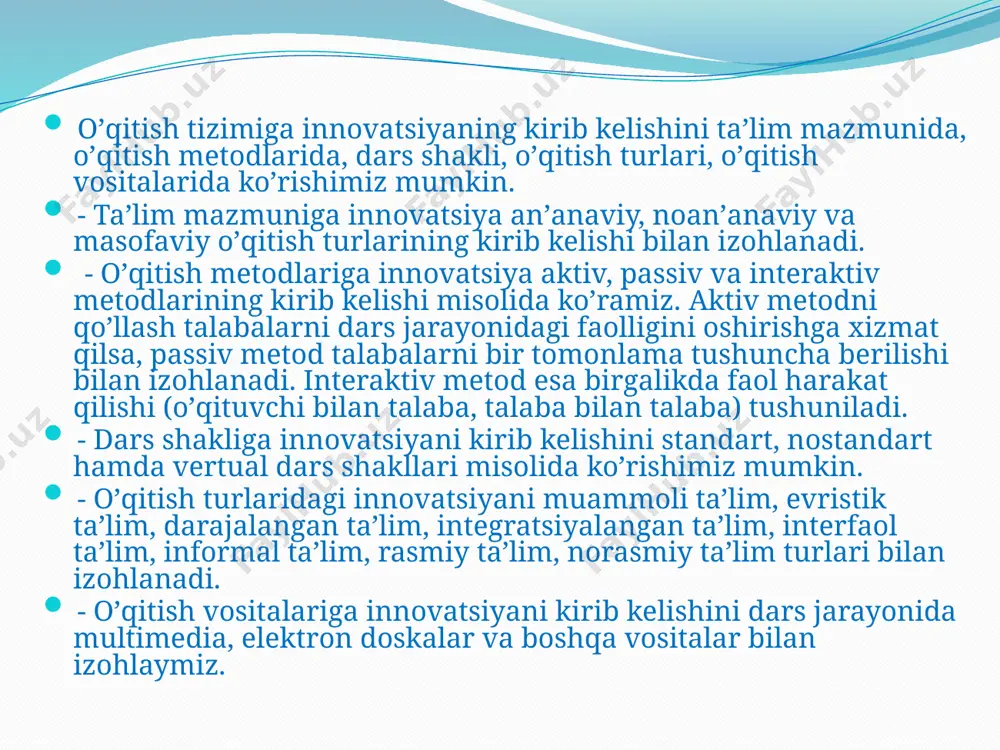 mahsulot yaratish bo’lib, uning progmatik xususiyati shundaki, u g'ovalar maydonida ham va alohida bir subvektning harakat maydonida ham amalga oshirilmaydi, balki bu faoliyatni amalga oshirish tajribasi kishilar hayotida hammabop boladigan holdagina haqiqiv innovatsion hisoblanadi. innovatsion faoliyatning asl mazmuni amalda yangi texnologiyaning shakllanishi boiib. uning natijasi innovatsiya sifatida yuzaga kelgan ixtironi loyihaga, loyihani texnologiyaga aylantirishga yo'naltirilgan faoliyatdir o ‘qituvchi innovatsion faoliyatni tashkil etib, uning shakllanish bosqichlarini quyidagicha belgilashi mumkin: birinchi bosqich - tayyor metodik tavsiyanomalar aniq qilib ko'chiriladi. ikkinchi bosqich - mavjud tizimga ayrim yangi moslama (modifikatsiya)metodlar kiritiladi. uchinchi bosqich-yangi g'oyani amalga oshirish mazmuni. metodlari va shakli to’la ishlab chiqiladi. to’rtinchi bosqich - o'qituvchi o'qitish va tarbiyalashning o’z konsepsiyasini va metodikasini ishiab chiqadi. hozirgi davrga kelib. ilmiy adabiyotlarda quyidagi innovatsion jarayonni bosqichlarga ajratish mumkin: 1. yangi g'oyaning paydo boiishi yoki yangilikning yuzaga kelishi bosqichi, uni shartli ravishda fundamental va amaiiy-ilmiy tekshirishlar (yoki birdan paydo boiadigan) natijalaridan kelib chiqadigan yangilik bosqichi deb …