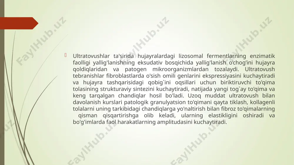 im, sonopuls, intelect mobile ultrasound, sonotur, «fizioson-ekspert», «ionoson-expert» va boshqa qurilmalar yordamida amalga oshiriladi. texnika. qo’zg’almas metodda ultratovush bilan davolashda nur tarqatgich kontakt maydon orqali bir holatda qistiriladi(2,25 rangli rasm), harakatli usulda – doimiy harakatlantirish, ta’sir zonasida qisqa silashlar yoki kichik aylana harakatlar bajariladi. ultratovush bilan davolash bosh (chakka-pastki jag’ bundan mustasno), yurak, jigar, tizza osti va qo’ltiq osti chuqurchalar, simpatik tugunlar, suyaklar bo’rtmalari va epifiz zonalari, homilador ayollarda qorin sohasiga va yorg’oq sohasiga qo`llanilmaydi. muolajalar energiya oqimining zichligi va muolaja davomiyligiga qarab dozalanadi. kundalik muolajalarning davomiyligi 10-15 minut; davolash kursi 8-12 muolajani tashkil etadi. dori darmonli ultrafonoforez ultratovush tebranishlari va ularning yordami bilan organizmga kiritilgan dorivor moddalarning birgalikdagi ta'siri. ultratovush to'lqinlar maydonida, dorivor moddalarning molekulalari epidermisga va dermaning yuqori qatlamlariga yog' bezlarning kanallari orqali kirib boradi. lipofilligi tufayli ular interstitsiyaga osonlikcha tarqaladi va qon va limfatik tomirlarning endoteliysidan o'tadi. ultrafonoforez bilan, elektroforezdan farqli o'laroq, teridagi depoda yig'iladigan dori miqdori …