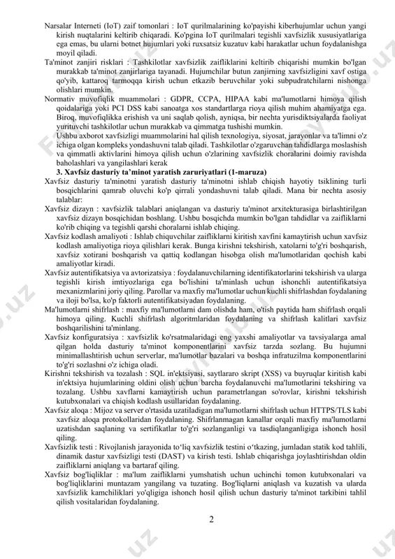lumotlarga, moliyaviy resurslarga qaratilgan yoki operatsiyalarni buzishi mumkin. ma'lumotlarning buzilishi : ruxsatsiz shaxslar shaxsiy ma'lumotlar, moliyaviy yozuvlar yoki intellektual mulk kabi nozik ma'lumotlarga kirish huquqiga ega bo'lganda ma'lumotlar buzilishi sodir bo'ladi. buzilishlar shaxsni o'g'irlash, moliyaviy yo'qotish va jismoniy shaxslar va tashkilotlarning obro'siga putur etkazishi mumkin. insider tahdidlar : insider tahdidlar tashkilot ichidagi shaxslarning xavfsizlikni buzish uchun kirish imtiyozlaridan foydalanishni o'z ichiga oladi. bu beparvolik yoki inson xatosi yoki zararli, masalan, xodimlarning ma'lumotlarni o'g'irlashi yoki zararli dasturlarni o'rnatishi kabi tasodifiy bo'lishi mumkin. xavfsizlik siyosati va tartib-qoidalari etarli emas : zaif yoki eskirgan xavfsizlik siyosati va protseduralari tizimlarni ekspluatatsiyaga qarshi himoyasiz qoldirishi mumkin. tashkilotlar kirishni boshqarish, ma'lumotlarni shifrlash, hodisalarga javob berish va xodimlarni o'qitish kabi sohalarni qamrab oluvchi mustahkam xavfsizlik protokollarini yaratishi kerak. xavfsizlik haqida xabardorlikning yo'qligi : ko'pgina xavfsizlik buzilishlari inson xatosi yoki jaholat tufayli sodir bo'ladi. xavfsizlik bo'yicha ilg'or amaliyotlardan yetarlicha xabardor bo'lmaslik shaxslar va tashkilotlarni ijtimoiy muhandislik hujumlari, fishing …