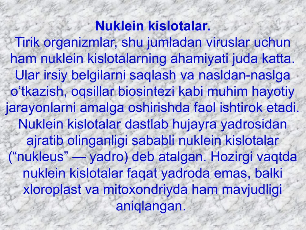 bilan, nuklein kislota so’zlarini boshlang’ich xarflari nkni qo’shsak, bunda ikki xil turdagi nuklein kislotaning qisqartirilgan nomi dnk (dezoksiribonuklein kislota) va rnk (ribonuklein kislota) hosil bo’ladi. dnk molekulasida azot asoslaridan adenin, guanin, sitozin va timin uchraydi. dnk molekula massasi juda katta bo’lgan qo’sh zanjirli polimer birikma. bitta molekula tarkibida haddan tashqari ko’p nukleotidlar bo’ladi .dnk molekulasida oqsil sintezi to’g’risida axborot joylashgan. shu bilan birga dnk molekulasi ana shu axborotning nusxasini ko’paylirish xususiyatiga ega. bu tirik organizmlar haqidagi irsiy axborotni aniq bolda nasldan naslga o’tkazish demakdir. dnk hujayra yadrosida, shuningdek mitoxondriy va xloroplastlarda bo’ladi. u xromosoma tarkibiga kirib, oqsillar bilan birikkan holda uchraydi. dnkning tuzilishini amerikalik biolog j. uotson va angliyalik fizik otim f. krik kashf etganlar. ribonuklein kislotalarning tuzilishi dnkga o’xshash bo’ladi. ularning tarkibiga azot asoslaridan adenin, guanin, sitozin va uratsil uchraydi. asosiy farqi rnk bir zanjirli molekulalardan iborat. molekulyar massasi ularning turiga qarab har-xil bo’ladi. ular transport (t-rnk), informatsion (axborot) …