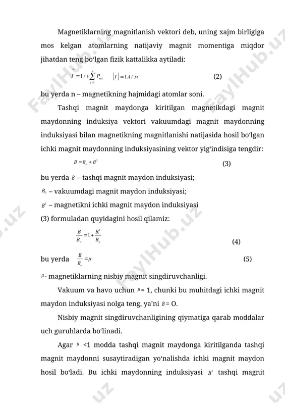 dagi atomlar soni. tashqi magnit maydonga kiritilgan magnetikdagi magnit maydonning induksiya vektori vakuumdagi magnit maydonning induksiyasi bilan magnetikning magnitlanishi natijasida hosil bo‘lgan ichki magnit maydonning induksiyasining vektor yig‘indisiga tengdir: (3) bu yerda – tashqi magnit maydon induksiyasi; – vakuumdagi magnit maydon induksiyasi; – magnetikni ichki magnit maydon induksiyasi (3) formuladan quyidagini hosil qilamiz: (4) bu yerda (5) - magnetiklarning nisbiy magnit singdiruvchanligi. vakuum va havo uchun = 1, chunki bu muhitdagi ichki magnit maydon induksiyasi nolga teng, ya’ni = o. nisbiy magnit singdiruvchanligining qiymatiga qarab moddalar uch guruhlarda bo‘linadi. agar 1 modda tashqi magnit maydoniga joylashtirilganda u maydonni kuchaytiradigan yo‘nalishda ichki magnit maydonni hosil qiladi. bu ichki maydonning induksiyasi tashqi maydonning induksiyasi bilan parallel yo‘nalganligi uchun bunday moddalarga paramagnetiklar deyiladi. paramagnetiklarga misol qilib havo, alyuminiy, azot, volfram, marganes, qalay, platina, ebonitni olish mumkin. nisbiy magnit singdiruvchanligi vakuumdagidan juda katta, ya’ni >>1 bo‘lgan moddalar tashqi magnit maydonga kiritilsa, tashqi maydonga nisbatan …