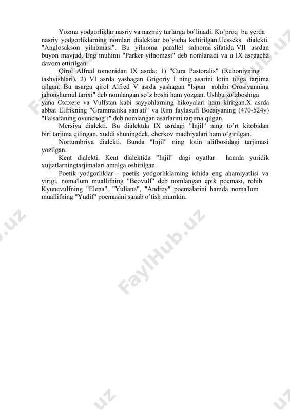 , ammo taxminlarga ko’ra uni janubiy yevropa alifbosining zamonaviy ko’rinishi deyishadi. run yozuvida asosan 2 ta yodgorlik topilgan, xolos. yodgorlikning birinchisi janubiy-g’arbiy shotlandiyaning rutvell qishlog’i yaqinidan topilgan bo’lib, toshning yuzaki qismiga diniy she'rlar o’yib bitilgan yodgorlikdir. ikkinchisi fransiyaning klermon-ferran shahri yaqinidan topilgan kit mo’ylovidan yasalgan bezak qutichaga qadimgi rim, german afsonalari bitilgan, viii asrga tegishli, hozirda britaniya muzeyida saqlanuvchi yodgorlik sanaladi.rimliklar istilosi runik belgilarni yo’qolib, lotin alifbosini kirib kelishiga sabab bo’ldi. qadimgi ingliz tilidagi ɜ lotincha g bilan almashtirilgan. xristian missionerlari angliyaga lotin alifbosini olib kirishgan. unga bir necha runik belgilarni ham qo’shishgan, jumladan, [∂] va [ѳ] tovushlarini berish uchun runik belgi [p] ishlatilgan. qadimgi ingliz tilidagi unlilar va diftonglar qisqa yoki cho’ziq o’qilgan. unlilar: diftonglar: a æ e i o u y ǻ ea eo ie io ã æ ē ĩ õ û ỹ ea eo ie io a hozirgidek [æ], ǻ cho’ziq, hozirgi nemis tilidagi [ű] kabi o’qilgan. …