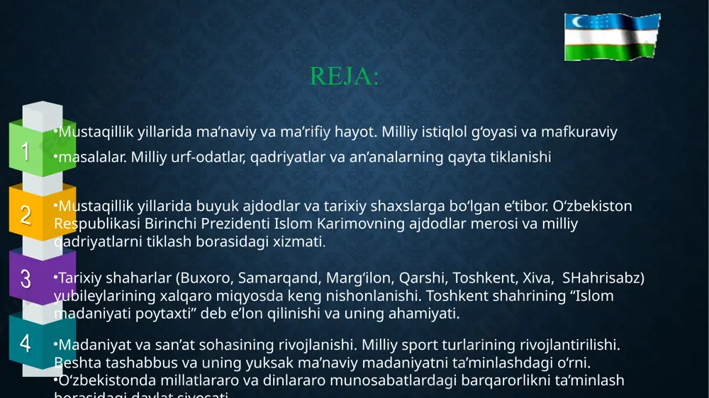 i madaniyat vazirligi huzurida respublika millatlararo markazning tashkil etilishini madaniy alohida ta`kidlash lozimdir. agarda boshlarida 90-yillarning o’zbekistonda 12 ta milliy-madaniy markaz faoliyat ko’rsatgan bo’lsa, hozirgi kunga kelib ularning soni 80 dan ortdi. mustaqillik yillarida milliy-madaniy markazlar faoliyati ustidan muvofiqlashtiruvchi ishlarning ko’lami ham ortdi va 1992 yil yanvar oyida hukumat qarori bilan respublika baynalmilal madaniy markazi tashkil etildi. m a d a n i ya t shuning uchun ham o’zbekiston hukumati madaniyatdagi milliylik va baynalmilallik nisbatini saqlashga muhim vazifa sifatida munosabatda bo’la boshladi. ayni paytda 130 ga yaqin millat va elat yashayotgan o’zbekistonda har bir millat ravnaqi, uning barqaror taraqqiyoti, xavfsizligi va yashash kafolotlariga har qanday tahdidlarning oldini olish, u yoki bu millatga mansub kishilar guruhining xudbinlik kayfiyatlarini muqarrar tarzda boshqa millat, xalq imkoniyatlarini zo’ravonlik va zug’um siyosatining ishlarning bilan chegaralab qo’yadigan davlat ishlab chiqilishi bu boradagi amaliy samarasini oshirdi o'zbekiston mustaqillikka erishgach, ajdodlarimizdan qolgan madaniy tarixiy merosga e'tibor kuchaydi, tarixiy …