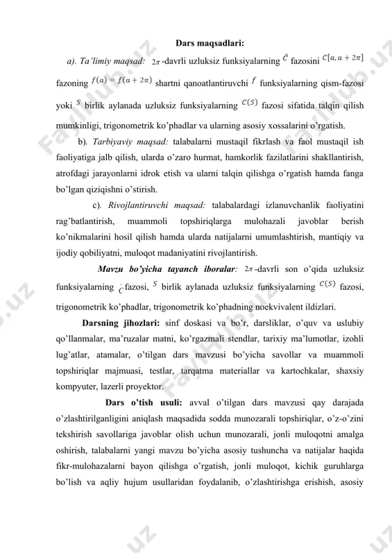jihozlari: sinf doskasi va bo’r, darsliklar, o’quv va uslubiy qo’llanmalar, ma’ruzalar matni, ko’rgazmali stendlar, tarixiy ma’lumotlar, izohli lug’atlar, atamalar, o’tilgan dars mavzusi bo’yicha savollar va muammoli topshiriqlar majmuasi, testlar, tarqatma materiallar va kartochkalar, shaxsiy kompyuter, lazerli proyektor. dars o’tish usuli: avval o’tilgan dars mavzusi qay darajada o’zlashtirilganligini aniqlash maqsadida sodda munozarali topshiriqlar, o’z-o’zini tekshirish savollariga javoblar olish uchun munozarali, jonli muloqotni amalga oshirish, talabalarni yangi mavzu bo’yicha asosiy tushuncha va natijalar haqida fikr-mulohazalarni bayon qilishga o’rgatish, jonli muloqot, kichik guruhlarga bo’lish va aqliy hujum usullaridan foydalanib, o’zlashtirishga erishish, asosiy iboralarga alohida izoh berish, o’tilgan mavzudan tug’ilgan savollarga javob berish orqali uni mustahkamlash. mashg’ulotning xronologik xaritasi va darsning borishi: tashkiliy qism (5 minut): dars xonasining sanitariya holatini kuzatish, davomat va talabalarning darsga tayyorligini tekshirish. o’tilgan mavzuni mustahkamlash (10 minut): talabalarning chiziqli fazolar, banax fazosi, uning chekli o’lchovli qism-fazosi tushunchalari, fazoning -o’lchovli chebishev qism-fazosi tushunchasi, fazoning elementlari uchun -o’lchovli chebishev qism-fazosidagi eng …