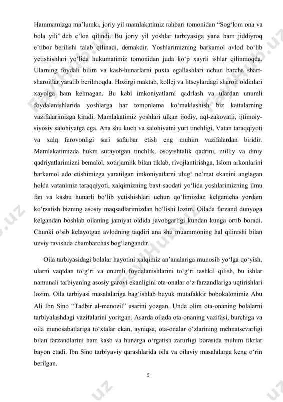 ojlantirishga, islom arkonlarini barkamol ado etishimizga yaratilgan imkoniyatlarni ulug‘ ne’mat ekanini anglagan holda vatanimiz taraqqiyoti, xalqimizning baxt-saodati yo‘lida yoshlarimizning ilmu fan va kasbu hunarli bo‘lib yetishishlari uchun qo‘limizdan kelganicha yordam ko‘rsatish bizning asosiy maqsadlarimizdan bo‘lishi lozim. oilada farzand dunyoga kelgandan boshlab oilaning jamiyat oldida javobgarligi kundan kunga ortib boradi. chunki o‘sib kelayotgan avlodning taqdiri ana shu muammoning hal qilinishi bilan uzviy ravishda chambarchas bog‘langandir. oila tarbiyasidagi bolalar hayotini xalqimiz an’analariga munosib yo‘lga qo‘yish, ularni vaqtdan to‘g‘ri va unumli foydalanishlarini to‘g‘ri tashkil qilish, bu ishlar namunali tarbiyaning asosiy garovi ekanligini ota-onalar o‘z farzandlariga uqtirishlari lozim. oila tarbiyasi masalalariga bag‘ishlab buyuk mutafakkir bobokalonimiz abu ali ibn sino “tadbir al-manozil” asarini yozgan. unda olim ota-onaning bolalarni tarbiyalashdagi vazifalarini yoritgan. asarda oilada ota-onaning vazifasi, burchiga va oila munosabatlariga to‘xtalar ekan, ayniqsa, ota-onalar o‘zlarining mehnatsevarligi bilan farzandlarini ham kasb va hunarga o‘rgatish zarurligi borasida muhim fikrlar bayon etadi. ibn sino tarbiyaviy qarashlarida oila va oilaviy …