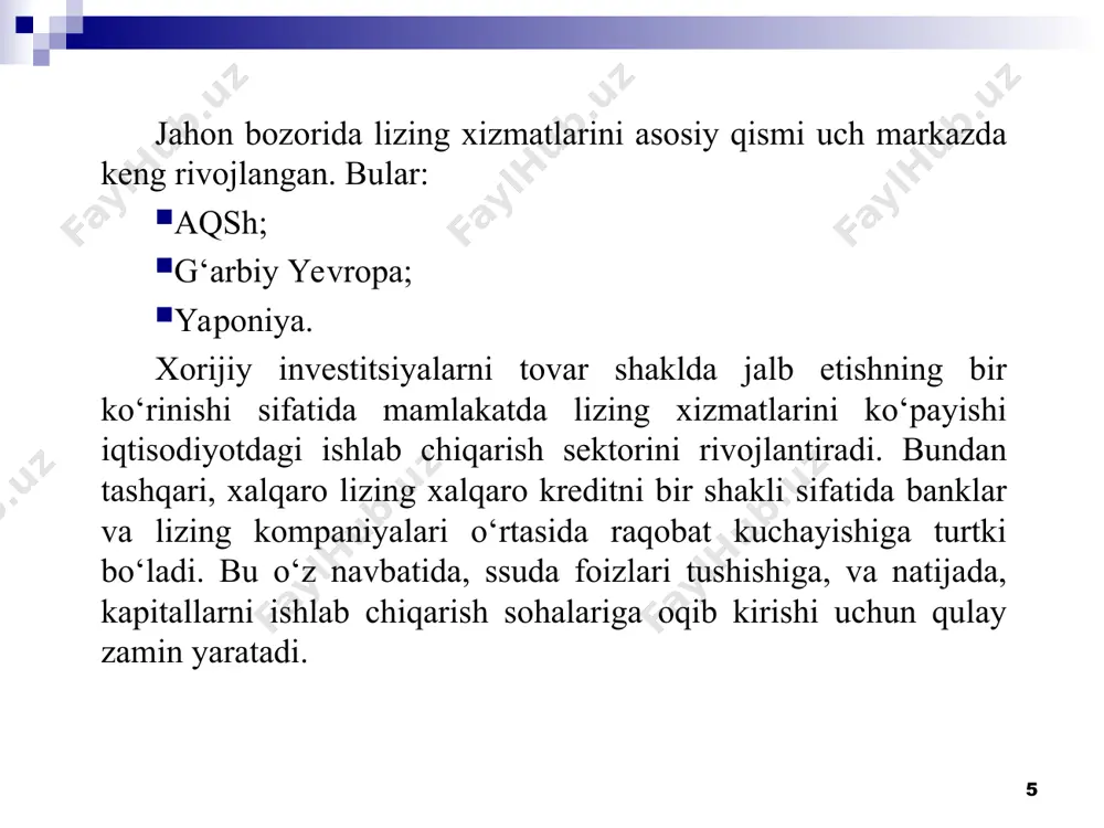 lari miqdorini oshirmaydi. jahonda lizing xizmatlari bozori rivojlanishida amerika qo‘shma shtatlari muhim o‘rin tutadi. aqshda lizing beruvchilar uchta asosiy guruhga bo‘linadilar: mustaqil lizing kompaniyalari, banklar (banklar huzuridagi lizing kompaniyalar) va bog‘liq kompaniyalar (uskunalar ishlab chiqaruvchilar huzuridagi kompaniyalar). mustaqil lizing kompaniyalariga lizing tarmog‘idagi mablag‘ aylanishining taxminan yarmi, yani 50-52 foizi, banklarga 27 va bog‘liq kompaniyalarga 19 foizi, bozorning boshqa ishtirokchilariga esa 2 foizi to‘g‘ri kelmoqda. yevropada esa lizing turlaridan biri bo‘lgan moliyaviy lizing 50-yillar oxiri 60-yillar boshlarida rivojlanishni boshladi. g‘arbiy yevropada moliyaviy lizingni rivojlanishiga bir qancha omillar sabab bo‘ldi. eng asosiysi bu 50-yillardagi ilmiy-texnika inqilobi bo‘lib, bu korxonalar tomonidan asosiy vositalarni yangilashning katta hajmdagi ehtiyojiga olib keldi. moliyaviy lizing mexanizmi esa uskunlarni bank kreditlari orqali sotib olishdan ko‘ra korxonlar uchun qulay bo‘ldi. xuddi shu davrga kelib moliyaviy xizmatlar bozori jadal rivojlanishi tufayli, yangi shakldagi moliyaviy kreditlash va past foizli stavkalar taklifi ko‘paydi. * ushbu holat lizing faoliyatini soliqqa tortishning har tomonlama …