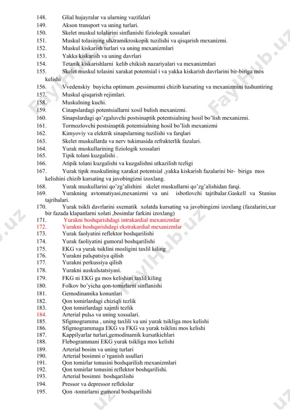 ktsiyalari 103. striopallidar sistemani utkazuv yullari 104. targil tana afferent va efferent yullarining,funktsiyalari 105. talamusning spetsifik, nospetsifik va assotsativ yadrolari 106. gipotalamus va uning yadrolari,vazifalari 107. limbik tizim va uning vazifalari 108. bosh miya po’stlog’ining sensor va motor zonalarini sxematik tarzda chizib, tushuntirib bering 109. ichki sekretsiya bezlarining tekshirish usullari 110. gormonlarni sinflanishi 111. gormonlarni ta’sir yullari 112. gormonlarni ta’sir turlari 113. ichki sekretsiya bezlarining boshkarilishida gipotalamusni axamiyati 114. gipotalama-gipofizar munosabatlari 115. ichki sekretsiya bezlarining faoliyatini gipofiz orkali boshkarilish mexanizmlari 116. kaytar aloka orkali gormonlarni boshkarish mexanizmi 117. gipotalamusning gormonlarini ta’sir mexanizmlari 118. adenogipofiz gormonlarni vazifalari 119. gipofizni trop gormonlari va ularni vazifalari 120. gipofizni effektor gormonlari 121. somatotrop va prolaktin gormonini vazifalari 122. neyrogipofiz gormonlarini ta’sir turlari 123. adg va alьdosteron gormonini ta’sir mexanizmi 124. aktg va glyukokortikoid gormonlarini vazifalari 125. melanin stimullovchi gormonni ta’sir mexanizmi 126. kalkonsimon bez gormonlari 127. tireotrop va tiroksin gormonlarini vazifalari 128. kalkon oldi …