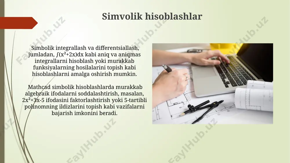 natijalarini, matn bilan birgalikda aniq va ixcham ko'rinishda taqdim etish mumkin. mathcad dasturi nima? mathcad – bu muhandislik va ilmiy hisob-kitoblarni amalga oshirish uchun moʻljallangan kuchli matematik dastur boʻlib, unda 2d va 3d grafiklarni yaratish, tenglamalarni echish va murakkab hisoblashlarni bajarish imkoniyatlari mavjud. dastur 150 dan ortiq matematik funksiyalarni, shu jumladan, differentsial va integral hisoblash, matritsalar bilan ishlash va statistik analiz kabi vositalarni oʻz ichiga oladi, bu esa murakkab muammolarni sodda va tushunarli tarzda hal qilishga imkon beradi. murakkab muammolarni echish murakkab integrallarni hisoblashda mathcad, simpson qoidasi yoki gauss kvadraturalari kabi 2 dan ortiq usullarni taklif qilib, aniqlikni oshiradi va hisoblash vaqtini qisqartiradi. mathcad murakkab tenglamalar sistemalarini, masalan, 5 ta noma'lumli 3 ta tenglama sistemasini, iterativ usullar yordamida yechish imkonini beradi, bu esa murakkab muammolarni soddalashtirishga yordam beradi. dasturlash elementlari dasturlash elementlari yordamida, masalan, "for" va "while" tsikllari orqali, mathcadda 1000 tagacha takrorlanuvchi hisob-kitoblarni avtomatlashtirish mumkin. mathcad'da 2d va 3d …