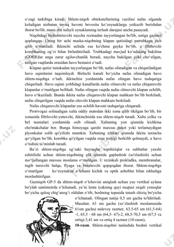llarining vazifasi nafas olganda keladigan nisbatan sovuq havoni bevosita ko‘zoynaklarga yetkazib berishdan iborat bo'lib, mana shu tufayli oynaklarning terlash darajasi ancha pasayadi. niqobdagi birlashtiruvchi naycha rezinadan tayyorlangan bo'lib, ustiga gazmol qoplangan. uning bir uchi maska-niqobning klapan qutisidagi patrubkaga zich qilib o‘matiiadi. ikkinchi uchida esa ko'chma gayka bo‘lib, u filtrlovchi korobkaning og‘zi bilan birlashtiriladi. trubkadagi mavjud ko‘ndalang bukilma (gofr)lar unga zarur egiluvchanlik beradi, naycha bukilgan yoki cho‘zilgan, ezilgan vaqtlarda orasidan havo bemaioi o‘tadi. klapan qutisi tunukadan tayyorlangan bo‘lib, nafas olinadigan va chiqariladigan havo oqimlarini taqsimlaydi. birlnchi kanali bo‘yicha nafas olinadigan havo shlem-niqobga o‘tadi, ikkinchisi yordamida nafas olingan havo tashqariga chiqariladi. havo oqimi yomidagi kanallarda nafas olinuvchi va nafas chiqaruvchi klapanlar o‘rnatilgan bomadi. nafas olingan vaqtda nafas olinuvchi klapan ochilib, havo o‘tkaziladi. bunda ikkita nafas chiqaruvchi klapan mahkam bo‘lib berkiladi, nafas chiqarilgan vaqtda nafas oluvchi klapan mahkam berkiladi. nafas chiqaruvchi klapanlar esa ochilib havoni tashqariga chiqaradi. protivogaz solinadigan xalta oddiy matodan ikki …