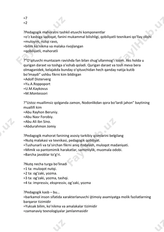 tizimidir =zamanaviy texnologiyalar jamlanmasidir =ta’lim va tarbiya beruvchi o‘qituvchilik kasbi ?o‘rta osiyo xalqlari madaniyatini rivojlantirishga ulkan hissa qo‘shgan olim kim =abu nasr forobiy =abu rayhon beruniy =abu ali ibn sino =unsurul maoliy kayqovuc ?“minerologiya”, “qadimgi xalqlardan qolgan yodgorliklar”, “hindiston” kabi asarlarning muallifi kim =abu nasr forobiy =abu rayhon beruniy =abu ali ibn sino =unsurul maoliy kayqovuc ?qobiliyat – bu… =shaxsning individual-psixologik xususiyati bo‘lib, muayyan faoliyat yuzasidan layoqati va ishni muvaffaqiyatli amalga oshirish subyektiv shart–sharoitini ifodalovchi individual psixik sifatlar yig‘indisiga aytiladi =zarur bo‘lgan bilim, malaka va ko‘nikmalarni egallash dinamikasidagi farqlarni aniqlashga aytiladi individual-psixologik xususiyat bo‘lgani sababli, shaxsning boshqa sifatlari va xususiyatlariga aytiladi =qobiliyatni inson tug‘ma, tabiat in’omi sifatida tayyor holida olmaydi, balki hayotiy faoliyati davomida shakllantirishiga aytiladi. =barcha javoblar to‘g‘ri ?insonning ijodiy faoliyati jarayonida erishiladigan qobiliyatlarning rivojlanish bosqichlari toping =iqtidor, iste’dod, daholik =moxirlik, ijodkorlik =mahorat, ijod =maxsuldorlik, kreativlik ?mahsuldor ijodkorlik – bu =belgilangan har qanday muammo muvaffaqiyatli hal qilinadi; ijod qilishga …