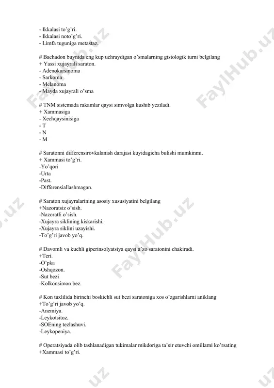 # o’tuvchi xarakterga ega paypaslanuvchi o’lchamli buyrak va gematuriya kuzatiladi: +gidronefrozda -buyrak polikistozida -buyrak rakida -buyrak venalari trombozida -glomerulonefritda # paypaslanuvchi o’lchamli buyrak va yaqqol gematuriya kuzatiladi: + vilms o’smasida -sheylengenox kasalligida -siydik kopi rakida -glomerulonefritda -buyrak travmasida # paypaslanuvchi o’sma va korin ulchamlarini kattalashishi yoki yonbosh soxasidagi og’riq aniklanishida nimaga shubxa kilinadi: +buyrak travmasi -buyrak raki -siydik kopi raki -glomerulonefrit -shenleyngenox sindrom # siydik nayi ogiz (ustya) kismida yakkol kon ketishida angiografiya utkazishdan maksad: +arteriovenoz fistula va arteriya va vena rivojlanish nuksonlarini aniklash -retroperitoneal o’smani aniklash -piyelografiyada siydik nayini tulik kontrastlamagan kismi bor yo’qligi: -konayetgan tomirni tromblash uchun -to’g’ri javob yo’q # qanday preparatlar gematuriya chakirishi mumkin? +siklofosfan, antikoagulyantlar -analgetiklar -antidepressantlar -laziks -sulfanilamidlar # yangi tug’ilgan chaqaloq siydigi tarkibida qonni tekshirishda qaysi preparat yolg’on musbat natija beradi: + betadin, siydik analizi olishdan oldin oralikka ishlov berish uchun ishlatiladi -albutsid -antibiotiklar -antikoagulyantlar -insulin # yosh ayollarda gematuriya bilan birga tez-tez …