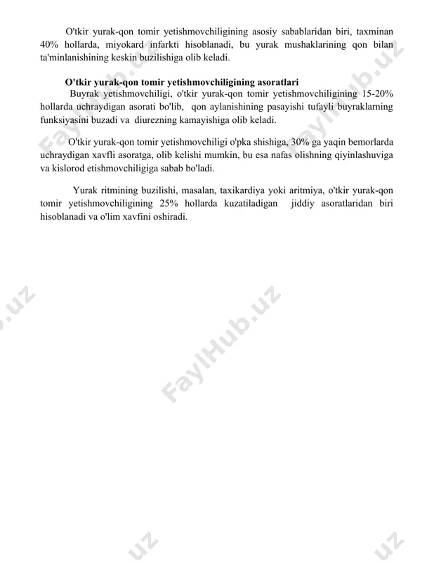 ikkinchi asosiy omil bo'lib, taxminan 30% holatlarda uchraydi va yurak bosimining ortishiga sabab bo'ladi. o'tkir yurak-qon tomir yetishmovchiligining asosiy sabablaridan biri, taxminan 40% hollarda, miyokard infarkti hisoblanadi, bu yurak mushaklarining qon bilan ta'minlanishining keskin buzilishiga olib keladi. o'tkir yurak-qon tomir yetishmovchiligining asoratlari buyrak yetishmovchiligi, o'tkir yurak-qon tomir yetishmovchiligining 15-20% hollarda uchraydigan asorati bo'lib, qon aylanishining pasayishi tufayli buyraklarning funksiyasini buzadi va diurezning kamayishiga olib keladi. o'tkir yurak-qon tomir yetishmovchiligi o'pka shishiga, 30% ga yaqin bemorlarda uchraydigan xavfli asoratga, olib kelishi mumkin, bu esa nafas olishning qiyinlashuviga va kislorod etishmovchiligiga sabab bo'ladi. yurak ritmining buzilishi, masalan, taxikardiya yoki aritmiya, o'tkir yurak-qon tomir yetishmovchiligining 25% hollarda kuzatiladigan jiddiy asoratlaridan biri hisoblanadi va o'lim xavfini oshiradi. 📌xulosa ўткир юрак-қон томир етишмовчилиги тезкор тиббий ёрдам ва даволашни талаб қилувчи жиддий ҳолатдир. эрта диагностика ва самарали муолажа беморнинг яшаш имкониятини оширади. 📚foydalanilgan adabiyotlar 1. braunwald e. yurak yetishmovchiligi: diagnostika va davolash. [braunwald e. yurak yetishmovchiligi: …