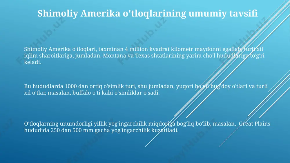 , graminoidlar, masalan, kolorado shtatining dashtlarida, tuproq eroziyasini oldini olishda muhim rol o'ynaydi. shimoliy amerika dashtlarida 1500 dan ortiq graminoid turining mavjudligi, jumladan, ko'plab bug'doy o'tlari (poaceae) va boshqa o'tlar turlari, biologik xilma-xillikni ta'minlaydi. o'simliklarning iqlimga bog'liqligi yükseklik va kenglikka bog'liq holda, kolorado shtatidagi rokki tog'larining etagidagi dashtlarning o'simliklari, texasdagi pasttekisliklarga qaraganda past harorat va qisqaroq vegetatsiya davriga moslashgan. shimoliy amerikadagi dashtlarning 30% dan ortig'i qurg'oqchilikka chidamli o'tlar, masalan, bufalo o'ti va ko'p yillik o'tlar bilan qoplanib, yillik yog'ingarchilik miqdoriga moslashadi. shimoliy amerikadagi dashtlarda 1000 mm dan kam yog'ingarchilik bo'lgan hududlarda sukulent o'simliklar va chala cho'llarga xos 20 ga yaqin o'simlik turi uchraydi. cho'l o'tloqlarining o'simliklari shimoliy amerika choʻllarida 300 dan ortiq oʻsimlik turi, jumladan, butalar, otsu oʻsimliklar va daraxtlar mavjud boʻlib, ularning koʻpchiligi qurgʻoqchilikka chidamli. shimoliy dakota shtatining choʻl oʻtloqlarida topilgan butalar, masalan, yalpiz va artemisia turlari, tuproq eroziyasini oldini olishda muhim rol oʻynaydi. teksas shtati choʻllarining oʻsimlik qoplami, …