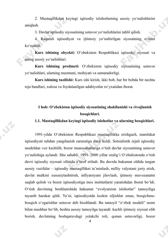 bir muhim jihati — tashqi iqtisodiy faoliyatni rivojlantirish edi. bu yillarda o‘zbekiston xalqaro iqtisodiy tashkilotlar bilan aloqalarni kengaytirdi, xorijiy investitsiyalarni jalb qilish uchun qulay sharoitlar yaratishga harakat qildi. shunga qaramay, 90-yillarda iqtisodiyotni erkinlashtirish jarayoni sekin kechdi, valyuta bozori va tashqi savdo cheklovlar ostida bo‘ldi. bu holat ba’zi tahlilchilarning tanqidiga sabab bo‘ldi, ammo hukumat iqtisodiy barqarorlikni saqlab qolish uchun ehtiyotkorlik siyosatini afzal ko‘rdi. 2000-yilga kelib, o‘zbekiston iqtisodiyoti nisbatan tiklanib, makroiqtisodiy ko‘rsatkichlarda o‘sish qayd etildi. bu esa o‘tish davri siyosatining muayyan darajada samarali bo‘lganini ko‘rsatadi. shu tariqa, 1991–2000 yillar oralig‘i o‘zbekiston iqtisodiy siyosatining asoslarini shakllantirish, bozor iqtisodiyotining institutlarini barpo etish va iqtisodiy mustaqillikka erishish davri sifatida tarixda muhim o‘rin egalladi. o‘zbekiston mustaqillikka erishganidan so‘ng, sobiq sssr davridagi markazlashgan, rejali iqtisodiyotdan voz kechilib, bozor iqtisodiyoti tamoyillariga asoslangan yangi iqtisodiy tizimni barpo etish zarurati tug‘ildi. ushbu o‘zgarishlarning eng muhim tarkibiy qismlaridan biri bozor infratuzilmasini shakllantirish va davlat mulkini xususiylashtirish jarayonlari bo‘ldi. bozor iqtisodiyoti samarali …