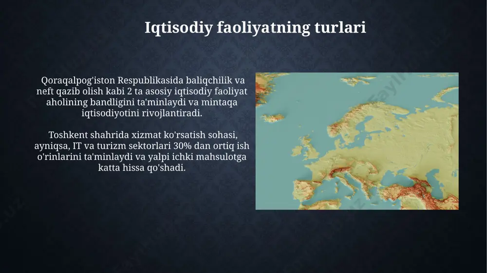 nkining ma’lumotlariga ko'ra, 2022 yilda o'zbekistondagi 10 ta yirik shaharning 7 tasida havo ifloslanishi jahon sog'liqni saqlash tashkilotining me’yorlaridan yuqori bo'lgan. bu barqaror rivojlanishga jiddiy tahdid soladi. 2050 yilga borib, o'zbekiston aholisi 40 millionga yetishi kutilmoqda. bu esa energiya iste’moli va chiqindilar miqdorining keskin oshishiga olib kelishi va barqaror rivojlanishni ta’minlashda qiyinchiliklar tug'dirishi mumkin. tabiiy resurslar va ularning taqsimlanishi markaziy osiyo mintaqasida, jumladan o'zbekistonda, 20 dan ortiq turdagi mineral resurslar mavjud bo'lib, ularning qazib olish hajmi iqtisodiyotning 15 foizini tashkil etadi. tabiiy resurslarning taqsimlanishi geografik joylashuvga bog'liq bo'lib, masalan, neft va gaz konlari asosan yaqin sharq va rossiya federatsiyasi kabi mamlakatlarda, 100 dan ortiq joyda to'plangan. transport va aloqa infratuzilmasi самарқанд вилоятидаги оптик-толали алоқа линияларининг узунлиги 5000 км дан ошган бўлиб, бу вилоятнинг жаҳон интернет тармоғига интеграциялашуви учун муҳим аҳамиятга эга. тошкент шаҳридаги метро тизими 31 та станциядан иборат бўлиб, йилига 200 миллионга яқин йўловчи ташиши билан транспорт инфратузилмасининг муҳим …