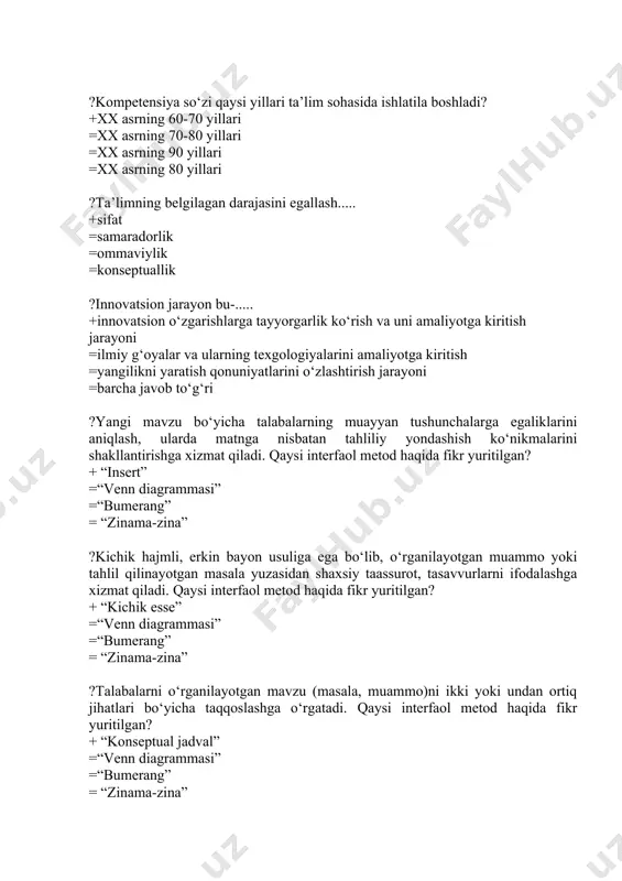 si” =“bumerang” ?hayotiy tajribalarni mustaqil ravishda muntazam oshirib borish va mustaqil qaror qabul qila olish kompetensiyasi bu - ...... =o‘zini o‘zi rivojlantirish +kommunikativ +axborot bilan ishlash +milliy va umummadaniy ?“interaktiv” (interfaol)-qaysi so`zdan olingan va qanday ma`noni anglatadi +inglizcha so‘z bo‘lib, “interact”- “inter”-bu o‘zaro, “act”-bu “harakat qilmoq” ma'nosini anglatadi =arabcha so‘z bo‘lib, “interact”- “inter”-bu o‘zaro, “act”-bu “harakat qilmoq” ma'nosini anglatadi =lotincha so‘z bo‘lib, “interact”- “inter”-bu o‘zaro, “act”-bu “harakat qilmoq” ma'nosini anglatadi =russcha so‘z bo‘lib, “interact”- “inter”-bu o‘zaro, “act”-bu “harakat qilmoq” ma'nosini anglatadi ?pedagogik maqsadlar taksonomiyasining mazmuni ta’lim-tarbiya maqsadlarini…. +ketma-ket joylab turkumlashni belgilaydi =murakkabdan soddaga qarab turkumlashni belgilaydi =aralash holda turkumlashda belgilaydi =mazmuniga qarab turkumlashni belgilaydi ?pedagogik texnologiyaning ilmiy konsepsiyasi ta'lim maqsadlariga erishishning qanday asoslarini qanrab oladi +falsafiy, psixologik, ijtimoiy-pedagogik va didaktik asoslarini qamrab oladi =falsafiy, psixologik, ijtimoiy-pedagogik va diagnostik asoslarini qamrab oladi =falsafiy, psixologik, fiziologikgogik va didaktik asoslarini qamrab oladi =falsafiy, biologik, ijtimoiy-pedagogik va didaktik asoslarini qamrab oladi ?swot tahlil metodining …