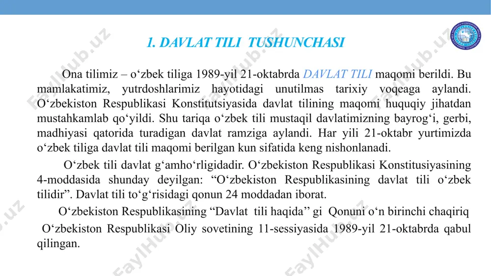 da”gi pq-5850 – son qarorni imzoladi. 2020-yil 10-aprel kuni o‘zbekiston respublikasi prezidenti shavkat mirziyoyev «o‘zbek tili kunini belgilash to‘g‘risida»gi qonunni imzoladi. qonun 2ta moddadan iborat. 1- moddaga asosan, 21-oktabr o‘zbek tili bayrami kuni etib belgilandi. 2- moddaga ko‘ra, qonun rasman e’lon qilingan kundan boshlab kuchga kiradi. qonun oliy majlis qonunchilik palatasi tomonidan 2020-yil 23-martda qabul qilingan, senat tomonidan 24-mart kuni ma’qullangan. “davlat tilini rivojlantirishga qaratilgan ishlarimizning mantiqiy davomi sifatida bugun mamlakatimizda yana bir muhim qadam qo‘ydik. men bugun “o‘zbek tilining davlat tili sifatidagi nufuzi va mavqeini tubdan oshirish chora-tadbirlari to‘g’risida”gi farmonga imzo chekdim. unga binoan “davlat tili haqida”gi qonun qabul qilingan kunning ulkan tarixiy o‘rni va ahamiyatidan kelib chiqqan holda, 21-oktyabr sanasi yurtimizda “o‘zbek tili bayrami kuni” deb belgilandi” shavkat mirziyoyev 21-oktabr, 2019-yil davlat tilini rivojlantirish departamenti tuzilmasi …. o‘zbekiston respublikasi bosh vaziri departament mudiri davlat tilini rivojlantirish va davlat tili to‘g‘risidagi qonun hujjatlari ijrosini monitoring qilish bo‘limi mudiri atamashunoslik …