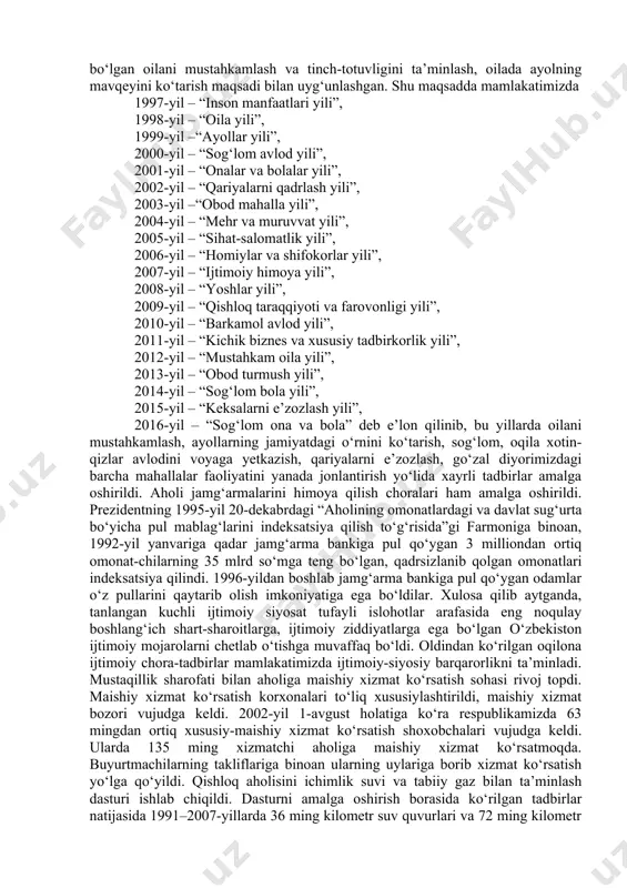 gi tafovutlarning o‘rni davlat byudjeti hisobidan qoplandi. boshlang‘ich sinf o‘quvchilari, 2 yoshgacha bo‘lgan bolalar uchun bepul ovqat, barcha maktab o‘quvchilari va talabalar uchun ovqatning arzonlashtirilishi kabi imtiyozlar amal qildi. ayrim toifadagi fuqarolarga uy-joy bepul xususiy mulk qilib berildi. islohotlarning birinchi bosqichi davomida ijtimoiy himoyalash xarajat-lari respublika byudjetining salkam uchdan bir qismini tashkil etdi. davlat byudjeti hisobidan aholining kam ta’minlangan tabaqalarini ijtimoiy jihatdan qo‘llab-quvvatlash choralari ko‘rildi. bular jumlasiga pensionerlar, nogironlar, ko‘p bolali va kam daromadli oilalar, ishsizlar, o‘quvchi yoshlar kiradi. 1991-1994 yillarda respublika byudjeti hisobidan 30 ta soha va yo‘nalishlar bo‘yicha ijtimoiy himoya, moddiy yordam amalga oshirildi. maktab muallimlari, bolalar uylari, maktabgacha va maktabdan tashqari muassasalar tarbiyachilari, oliy va o‘rta maxsus o‘quv yurtlarining professor-o‘qituvchilari, ilmiy, ijodiy va tibbiyot xodimlarini qo‘llab-quvvatlash maqsadida davlat kvartiralari ularga tekin berildi, kvartira haqi va kommunal to‘lovlar sohasida imtiyozlar berildi. yolg‘iz pensionerlar turar joy va kommunal xizmatlar uchun haq to‘lashdan ozod etildi, dori-darmonlar va eng zarur mollarni …
