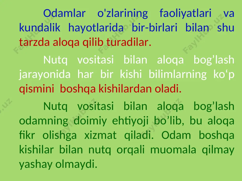 sh jarayonida vujudga kelgan va o'sib borgan. har bir tilning yashab turishi kishilarning shu tilda gaplashuvlariga bog'liq. agar odamlar biror tilda gaplashmay qo'ysalar, bu til ham yo'q bo'lib ketadi: u «o'lik til» bo'lib qoladi. biz «o'lik» tillar borligini shu til aks ettirilgan yozma yodgorliklardan bilamiz. masalan, qadimgi grek (yunon), lotin tillari mana shunday «o'lik» tillardir. til bilan nutqning birligi yana shunda namoyon bo'ladiki, har bir kishi o'z nutqida biror tildan foydalanadi, ba’zilari esa bir necha tildan foydalanadilar. gapirish va boshqa odamlarning nutqini tushunish uchun til bilish, shu til sistemasini bilish, shu tilning tuzilishini bilib olish kerak. 2. nutqning xususiy funksiyalari. odamlarning o'zaro aloqalarida ularning nutqlari turli ma’nolarda yoki funksiyalarda namoyon bo'ladi. nutqning asosiy vazifasi, demak, uning asosiy funksiyasi — odamlarning bir-birlari bilan aloqa qilish vositasi bo'lishdir. bu aloqa asosan odamlarning o'z fikrlarini bir-birlariga aytishlaridan iborat bo'ladi. aloqa jarayonida fikrlar nutq yordamida shakllanadi, ifodalanadi, aytiladi va tushunib olinadi. og'zaki yoki yozma …