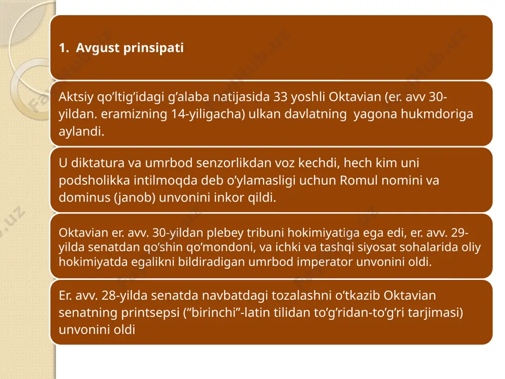 ) hokimiyatni egalladi. kaligula badjaxl, axloqan buzuq, o’ta mag’rur, takabbur shaxs edi. dastlab u senat bilan kelishgan holda ichki va tashqi siyosatni olib bordi, soliqlarni kamaytirdi. bir necha oy ichida u isrofgarchilik bilan tiberiydan qolgan xazinani turli tomosha, mo’l-ko’l sovg’alar bilan talon-taroj qildi. kaligula o’zini “janob” (dominis) va “xudo” deb e’lon qilib, omma oldida yupiter qiyofasidagi kiyimlarda chiqdi. bu aqlsiz imperatorning hukmronligi uch yil davom etib 41-yil yanvar oyida pretor tribuni kassiy xerey boshchiligidagi fitnachilar tomonidan o’ldirildi. pretor qismlari kaligulaning 50 yoshli tog’asi tiberiy klavdiy neronni (41-54-yillar) imperator deb e’lon qildilar. klavdiy senat bilan munosabatni yaxshiladi. o’zining senatdan mustaqil bo’lgan ma’muriyatini tuzdi. uning ma’muriyati bir necha muasssasalardan tashkil topib, ularni ozod qo’yilgan qullar boshqardilar. klavdiy davrida boshqaruvni markazlashuvi va imperatorning shaxsiy hokimiyatini kuchayishi kuzatildi. neron yuliy klavdiylar sulolasining ko’zga ko’ringan vakillaridan biri. u axloqan buzuq, shafqatsiz kishi edi, o’z onasi agrippinani (62-yil), ukasi britanikni (55-yil), xotini oktaviani (62-yil), ikkinchi xotini …