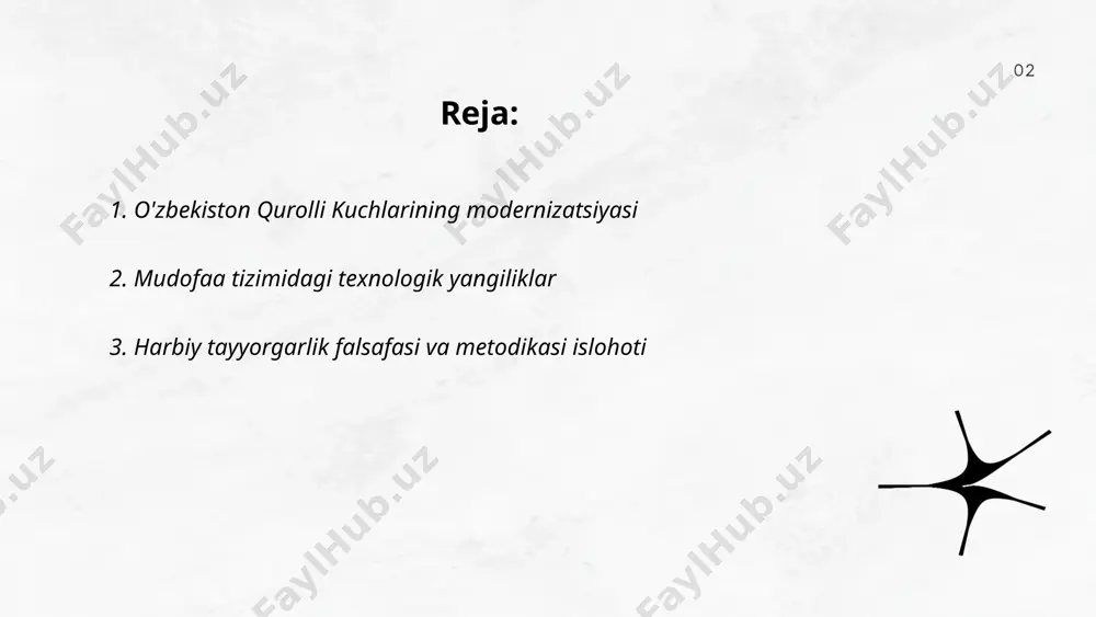 ofaa tizimini mustahkamlash maqsadida olib borilayotgan islohotlar doirasida muhim o‘rin tutadi. ushbu islohotlarning asosiy maqsadi harbiy xizmatchilarni zamonaviy talablar asosida tayyorlash, ularning bilim va ko‘nikmalarini oshirishdir. harbiy tayyorgarlikning metodikasi xalqaro tajriba va ilg‘or texnologiyalar asosida yangilanmoqda. bu jarayonda o‘qitish dasturlari va o‘quv rejalariga yetakchi universitetlar va harbiy akademiyalar tajribasi integratsiyalashtirilmoqda. islohotlar doirasida 2020-2023-yillarda harbiy ta'lim muassasalarining moddiy-texnik bazasi yangilandi, o‘qituvchi kadrlarning malakasi oshirildi va yangi o‘quv materiallari ishlab chiqildi. ... t.me/slaydai_bot 4. harbiy xizmatga chaqiruv tizimidagi o'zgarishlar 2023-yilda o'zbekistonda harbiy xizmatga chaqiruv tizimida bir qator o'zgarishlar kiritildi. yangi tizimga ko'ra, chaqiruv muddati qisqartirilib, 12 oydan 9 oyga tushirildi. bundan tashqari, chaqiruvni raqamli platformalar yordamida boshqarish yo'lga qo'yilib, chaqiruv to'g'risidagi ma'lumotlar elektron formatda yuboriladi. shuningdek, bilimli va iqtidorli yoshlarni qo'llab-quvvatlash maqsadida ba'zi texnik va ilmiy sohalarda o'qiyotgan talabalar chaqiruvdan vaqtinchalik ozod etilishi mumkin. kiritilgan o'zgarishlar harbiy xizmat jarayonini yanada samarali o'tkazishni ko'zda tutadi. bu yangiliklarni amalga oshirishdan maqsad yoshlar uchun qulay …