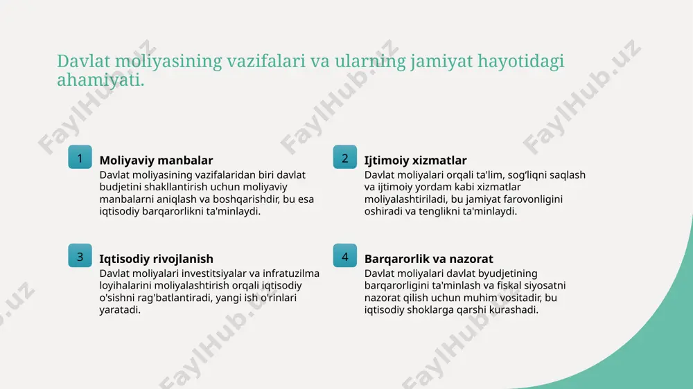iq siyosati orqali davlat iqtisodiyotni boshqaradi. soliq stavkalarini moslashtirish va soliq tizimini takomillashtirish, iqtisodiy o‘sishni rag‘batlantiradi. fiskal siyosatning rivojlanishi va iqtisodiy o'sishga ta'siri 01 fiskal siyosatning rivojlanishi fiskal siyosat, iqtisodiy o'sishni qo'llab-quvvatlash uchun davlat daromadlari va xarajatlarini boshqarish jarayonidir. rivojlangan fiskal siyosat iqtisodiy barqarorlikni ta'minlaydi va investitsiyalarni oshiradi. 02 iqtisodiy o'sishga ta'siri to'g'ri fiskal siyosat iqtisodiy o'sishni rag'batlantiradi. soliq imtiyozlari va davlat xarajatlari orqali ishlab chiqarishni kengaytiradi, yangi ish o'rinlari yaratadi. 03 siyosatning muhim aspektlari fiskal siyosatning muvaffaqiyati uchun daromadlar va xarajatlarni muvozanatlash, soliqlarni adolatli belgilash va davlat moliyasini barqaror saqlash muhimdir. xulosa 1 davlat moliyasining asosiy vazifalari va ahamiyati davlat moliyasi davlat daromadlari va xarajatlarini boshqaradi, iqtisodiy barqarorlik va rivojlanishni ta’minlash uchun fiskal siyosatni ishlab chiqadi. 2 iqtisodiy rivojlanish uchun fiskal siyosat muhim to'g'ri fiskal siyosat investitsiyalarni rag'batlantiradi, ishlab chiqarishni kengaytiradi va yangi ish o'rinlari yaratib, iqtisodiy o'sishni ta'minlaydi. 3 byudjet va moliyaviy barqarorlikning roli barqaror byudjet va soliq …