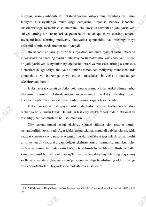 tekshiruv xizmati sifatida ichki nazorat tizmini samaradorligini tekshiradi. agar ichki nazorat xizmati samarali deb baholansa, ichki nazorat xizmati va oliy nazorat organi o’rtasida vazifalarni taqsimlash va hamkorlik qilish uchun oliy nazorat organi qolgan tekshiruvlarni o’tkazmasligi mumkin. ichki moliyaviy nazorat tizimida asosiy bo’g’in bosh hisobchi hisoblanadi. bosh buxgalter kamomad hosil bo’lishi, pul mablag’lari va tovar-moddiy boyliklarning noqonuniy sarflanishi hamda moliyaviy va xo’jalik qonunchiligi buzilishining oldini olishga doir chora-tadbirlarni tayyorlashda faol ishtirok etish lozim. pul mablag’lari, tovar-moddiy boyliklarni qabul qilish va berish uchun asos bo’lgan hujjatlar hamda kredit va hisob-kitob hujjatlari rahbar va bosh buxgalter yoki buning uchun vakolat berilgan boshqa shaxslar tomonidan imzolanadi. bosh buxgalter qonunchilikda belgilangan operasiyalar va pul mablag’lari, tovarmoddiy boyliklar va boshqa boyliklarni qabul qilish, saqlash va xarajat qilish bo’yicha belgilangan tartibga zid bo’lgan hujjatlarni ijro uchun qabul qilishi va rasmiylashtirishi man etiladi. bosh buxgalter o’ziga qarashli xodimlarning xizmat vazifalarini belgilaydi. boshqa bo’linmalar va xizmatlarning buxgalteriya hisobi, hisob …