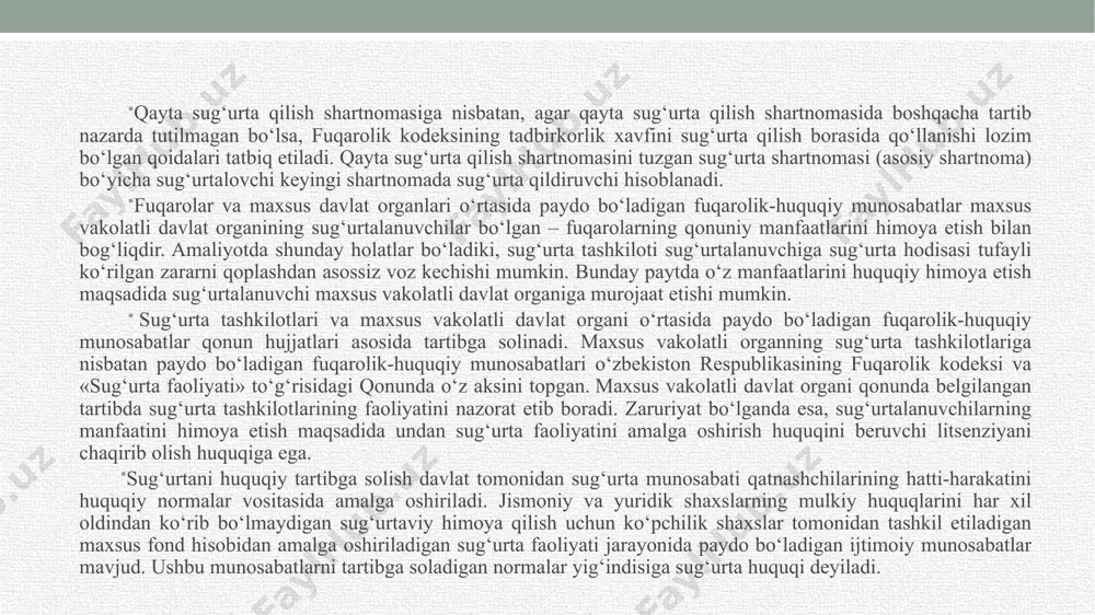 ’g’risida”gi qonun qabul qilingan va bu qonun 72 moddadan iborat bo’lib, shu 2022-yilning 25 fevralidan amaliyotga joriy etilgan. shuningdek, 2008 yil 21 aprelda “transport vositalari egalarining fuqarolik javobgarligini majburiy sug‘urtalash to‘g‘risida”gi qonuni qabul qilindi. sug’urtaning huquqiy asoslari o’zbekiston respublikasining “sug’urta faoliyati to’g’risida”gi qonunning maqsadi - sug’urta faoliyati sohasidagi munosabatlarni tartibga solishdan iborat sug’urta faoliyatining asosiy huquqiy asoslari qabul qilingan qonunlar o’zr furaqolik kodeksi (52-bob) 47 modda o’zbekiston respublikasi “sug’urta faoliyati to’g’risida”gi qonun (2021 yil 23 noyabr o’rq-730-son, 72 modda) o‘zbekiston respublikasi fuqarolik kodeksining 52-bobi sug‘urtaviy huquqiy munosabatlarga bag‘ishlangan. unda sug’urta faoliyati uchun jami 47 ta modda mavjud. “sug‘urta faoliyati to‘g‘risida”gi qonun sug‘urta tashkilotlari va davlat o‘rtasidagi munosabatlarni tartibga solsa, fuqarolik kodeksida esa sug‘urta tashilotlari bilan sug‘urtalanuvchilar o‘rtasidagi munosabatlar tartibga solinadi va qonuniy ximoya qiladi. sug’urta qonuchiligida fuqarolik kodeksi hamda 52-bobining tutgan o’rni va mazmuni sug‘urta munosabatlarini tartibga solish sug‘urta sohasida vujudga keladigan huquqiy munosabatlar fuqarolik-huquqiy munosabatlar tarkibiga kiradi. bunday munosabatlar …