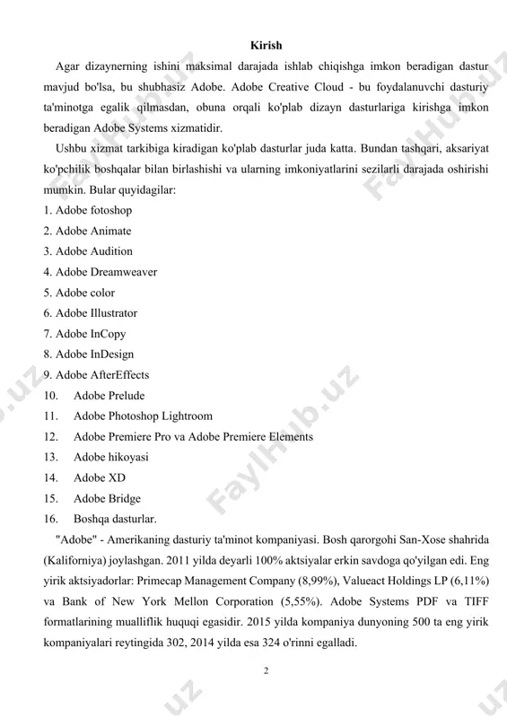 mkoniyatlari cheksiz, asosan fotografik rötuş uchun ishlatiladi. adobe animate adobe-ning yana bir mashhur dasturi. vektorli grafikalarni yaratish va boshqarish. bu interaktiv tarkib yaratadigan kadrlar bilan ishlaydigan an'anaviy animatsion studiya. ushbu dastur bilan ko'plab filmlar va seriallar yaratilgan. adobe audition ushbu dastur ovozli studiya, u bilan raqamli audio tahrir qilish mumkin. adobe dreamweaver adobe dreamweaver yordamida siz qila olasiz veb-saytlar va dasturlarni yaratish, loyihalash va tahrirlash, standart sifatida. bundan tashqari, u ko'plab tillarda, hatto arab yoki ibroniy tillarida ham ishlatilishi mumkin. adobe color haqiqatan ham asl dastur, bu erda biz mumkin cheksiz palitralarni yaratadigan ranglarni birlashtirish, biz ulardan ijodiy dizaynimizda foydalanishimiz mumkin. agar siz ushbu dastur haqida va rang nazariyasi haqida ko'proq bilmoqchi bo'lsangiz, men sizni buni o'qishga taklif qilaman oldingi xabar. adobe illustrator bu haqiqiy badiiy ustaxona. adobe illustrator vektorli grafikalarni badiiy usulda tahrirlashimizga imkon beradi, rasmlarni tasvirlash yoki tahrirlash uchun chizmalar yaratish. bu, shubhasiz, illyustratorga qo'llanmadan tashqari yana bir …