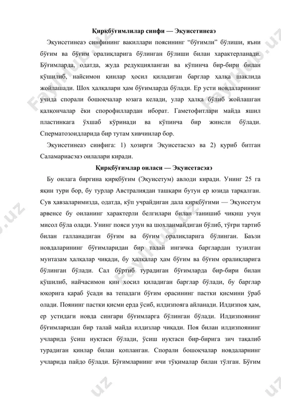 нуқтаси бир-бирига зич тақалиб турадиган қинлар билан қопланган. спорали бошоқчалар новдаларнинг учларида пайдо бўлади. бўғимларнинг ичи тўқималар билан тўлган. бўғим оралиқлари эса бўш бўлади ва каваги кенг бўлиб, бир бўғимдан иккинчи бўғимгача боради. бўғим оралигининг юзи нотекис; ундан узунасига кетган оч рангли қирралар ўтади, уларнинг орасида бирмунча тўқ рангли чуқурчалар бўлади. чуқурчалар тагидаги асосий паренхимадан (поя асосан шу паренхимадан иборат) сербар ҳаво йўллари ўтади. қирралар тагида эса, кичик сув каналчалари боғламлари бўлади. сув каналчалари боғламлари коллатерал типда тузилган бўлиб, бўғим оралиғининг бошидан-оёғигача бир-бирига параллел ҳолатда боради; бўғимда улар шохланади ва тармоқлари бир-бири билан яна қўшилиб, кейинги бўғим оралнғига ўтади. қирқбўғимнинг характерли хусусиятн шуки, эпидермиснинг деворчаларига қумтупроқ сингади, шунга кўра папоротник анча қаттиқ бўлади. эқуисетум спорангийларда пайдо бўладиган споралар ёрдамида кўпаяди. спорангийлар эса, ўз навбатида, спорали бошоқчаларда туради. бу бошоқча спорали қалқончалар ёки спорофиллардан тузилган. ҳар бир спорофилл олти қиррали пластинкадан иборат бўлиб, унинг марказидан ўзакка (ўққа) томон (унга тик равишда) …