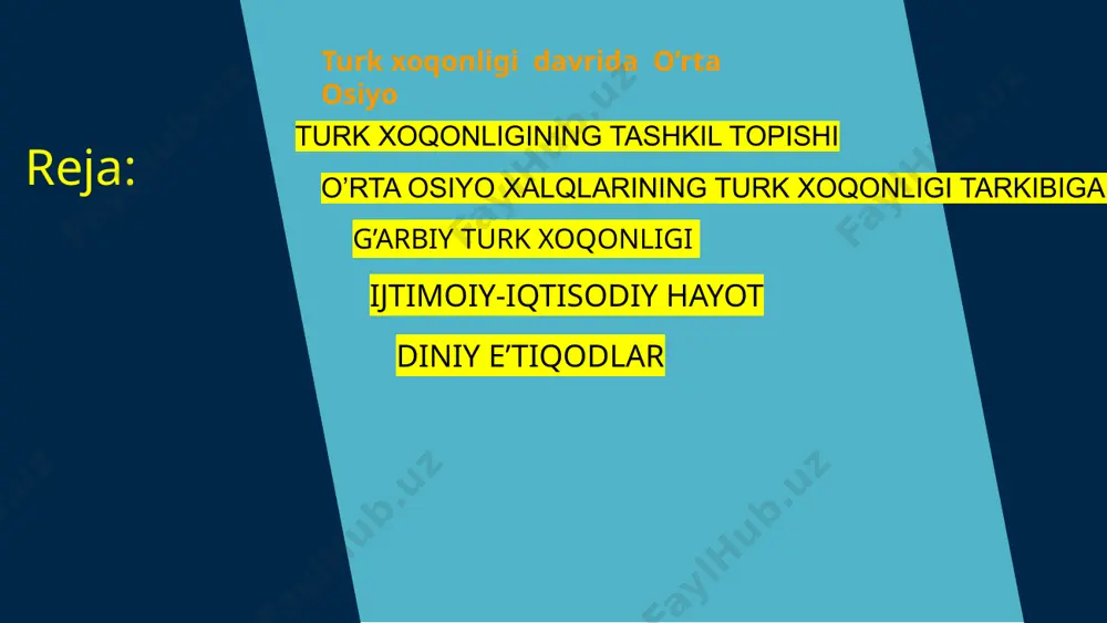 daryo boylariga qadar bo’lgan yerlarni zabt etadi vi asr 50-yillarining oxirlarida istami hoqonga eftaliylarga qarshi harbiy harakatlar olib borish uchun qulay imkoniyat paydo bo‘ladi. eron shohi xusrav i anushervon (531-579 yy.) eftaliylarga o‘lpon to‘lashni to‘xtatib qo‘yadi va ularga qarshi urushga tayyorgarlik ko‘ra boshlaydi hamda vizantiya bilan aloqalarni yo‘lga qo‘yadi. xusrav i siyosiy jihatdan biroz o‘nglanib olgach turk hoqonligiga eftaliylarga qarshi ittifoq taklif etadi. ayni vaqtda vizantiyadan foydalangan eron eftaliylardan tohariston, chag‘oniyon, qobul atrofidagiyerlarni tortib oladi eʼtiboringiz uchun rahmat toshkent shahridagi yeoju texnika instituti akbar zamonov image1.png image2.png image3.png image4.png image5.png