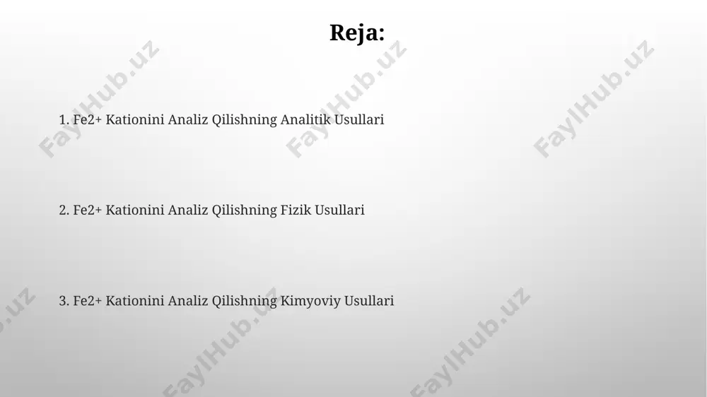 adi va rang o'zgarishi orqali ekvivalent nuqta aniqlanadi, bu esa fe2+ konsentratsiyasini hisoblash imkonini beradi. kompleksonometrik titrlashda fe2+ kationining aniqlanishi edta (etilendiamintetrasirka kislota) eritmasi bilan amalga oshiriladi, bu yerda indikator sifatida 1:10 nisbatda suyultirilgan salitsil kislotasi ishlatiladi. atom-absorbsion spektroskopiyasi (aas) aas analizida fe2+ uchun xarakterli 248,3 nm to'lqin uzunligidagi yutilish chiziqlari kuzatiladi va bu aniqlashning selektivligini ta'minlaydi. aas yordamida fe2+ kationining konsentratsiyasi 0,1 mg/l dan 100 mg/l gacha bo'lgan diapazonda aniqlanishi mumkin, bu usulning yuqori sezgirligini ko'rsatadi. titrimetrik analiz usullari fe2+ нинг титриметрик анализида дихромат (cr₂o₇²⁻) ёки перманганат (mno₄⁻) каби кучли окисланувчилар билан 1:6 моляр нисбатида реакцияга киришиши аниқланади. комплексонометрик титриметрияда edta каби хелатонловчи агентлар 1:1 моляр нисбатида fe2+ билан реакцияга киришиб, унинг концентрациясини аниқлашга имкон беради. voltamperometriya analitik signal fe2+ ning oksidlanishidan hosil bo'lgan anod to'lqini balandligi bilan proporsional bo'lib, kalibrlash egri chizig'i yordamida konsentratsiyasi aniqlanadi. voltamperometrik usulning sezuvchanligi elektrolitning tarkibi va ph ga bog'liq bo'lib, optimum sharoitlarda 10⁻⁶ …