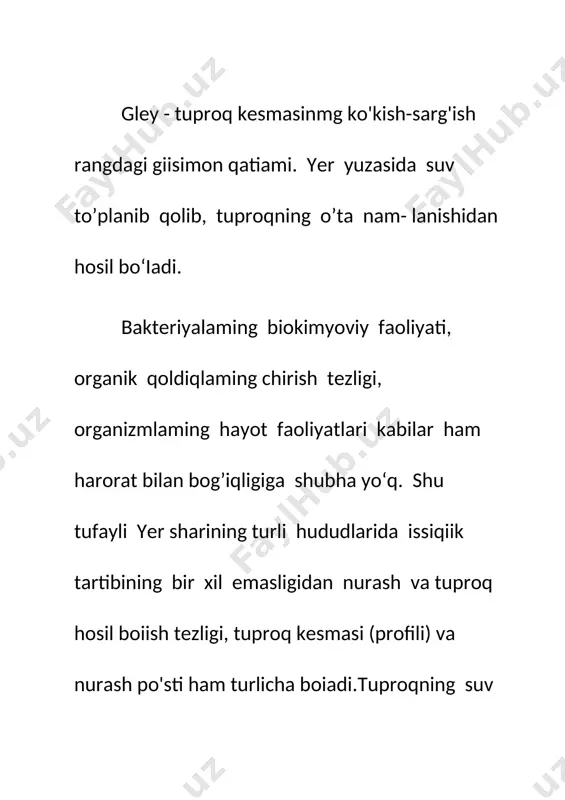 va qilinadigan legendada - tushuntirish matnida hududning tabiiy sharoiti, tuproqlaming tarqalishidagi qonuniyatlar, ulardan maqbul - oqilona foydalanish, tuproq xossalariga ko‘ra yer maydonlarida olib boriladigan zarur tadbirlar yoritiladi. mayda masshtabli xaritalarda viloyatlar, yirik mintaqalar — o‘lkalar yoki butun mamlakatning tuproq qoplami aks ettirilgan bo‘ladi. ulardan yer fondlarini hisobga olib borish (tuproq - geografik rayonlashtirish va h.k)uchun foydalaniladi. 0‘rta masshtabli xaritalar asosan yig‘ma va umumlashgan tarzda bo‘ladi; ular agrotuproq rayonlashtirishni o‘z ichiga oladi va rejalashtiruvchi hamda yuqori tashkilotlarga mo‘ljallangan bo’ladi. mukammal (batafsil) xaritalar - ilmiy tadqiqot muassasalari (tajriba maydonlari, institutilar va boshqalar)ning tajribalar uchun belgilangan ekin maydonlari uchun tuziladi. ular asosida xo‘jaliklarda ayrim maydonlaming zaxini qochirish va sug‘orish, bog’lar va tokzorlar bаrpо qilish, tajriba va nav sinash maydonlarini tashkil etish kabilar loyihalanadi. yirik masshtabli xaritalar. bunda masshtab tanlash (1:50000 yoki 1:10000) tekshirilayotgan hududning relyefi, tuproq qopla- mining murakkabligi va xo'jalikning yo‘nalishiga bogiiq. 0 ‘zbekistonning paxtachilik xo‘jaliklarida odatda, relyefi tekisroq boigan sharoitda 1:10000 …