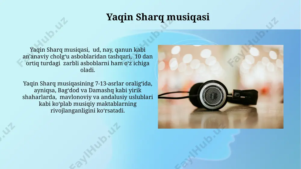 larning ijrosi kunning ma'lum vaqtlariga bog'liq. janubiy hindistonda karnatik musiqasi deb ataluvchi uslubda, 72 melalik (melodik mo'ljallar) tizimi qo'llaniladi va musiqa ijrosi keng ko'lamli improvizatsiyaga asoslangan. qadimgi sharq musiqa an'analari markaziy osiyoda, xususan, buxoro va samarqand kabi shaharlarda, 10-13 asrlarda maqomlarning 7 ta asosiy uslubini o'z ichiga olgan boy musiqa madaniyati yashagan. qadimgi sharq musiqa an'analari, miloddan avvalgi 2000 yillarda mesopotamiya va misrda rivojlangan murakkab nota yozuv tizimlaridan foydalanilganligi bilan ajralib turardi. sharq musiqasining janrlari sharq musiqasining janrlari orasida 13-asrda marokashda rivojlangan andalusiya musiqasi kabi noyob uslublar mavjud bo'lib, ular murakkab nazariy asosga va hissiy chuqurlikka ega. o'rta osiyo mintaqasida, xususan, buxoro va samarqand shaharlarida, maqomlar - 12 ta asosiy modal tizimlar asosida qurilgan klassik musiqa janri - keng tarqalgan. sharq musiqasining ta'siri markaziy osiyo xalqlari musiqasi, xususan, maqomlar tizimi, 20-asrning ikkinchi yarmida jahon musiqasining rivojiga sezilarli hissa qo'shdi. uning murakkab tuzilmasi va boy ifodasi dunyo bo'ylab 50 dan ortiq …