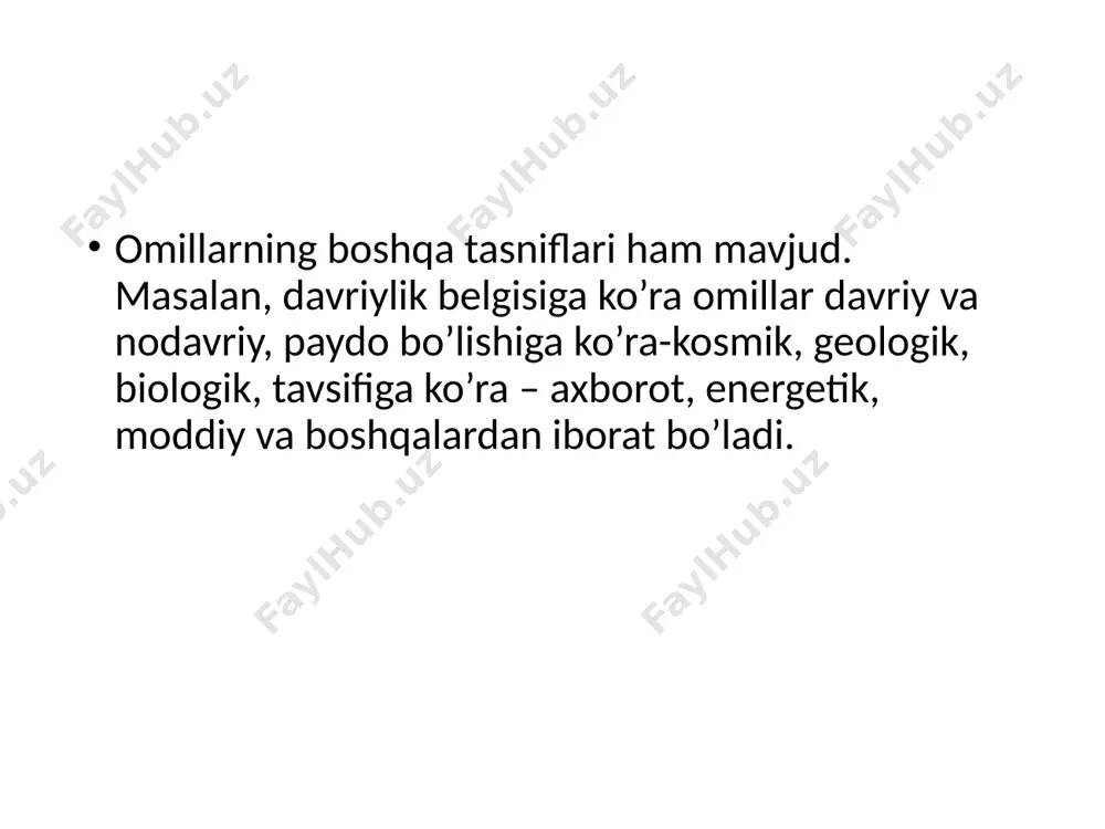 da emas, balki himoya qilish yoki mexaniq tayanch uchun hosil bo’ladi. mutualizm – simbiozga yaqin bo’lib, har xil turdagi organizmlarning yashashi va o’sishi uchun zarur bo’lgan o’zaro manfaatdorlik munosabatlaridir. masalan: suv o’tlari va zamburug’larning birikmasini ifodalovchi lishayniklar yoki gulli o’simliklar va ularni changlaydigan hashoratlar. bunda ikkala turda o’ziga xos bo’lgan moslashuvlar paydo bo’ladi. kommensalizm - har xil turdagi hayvonlarning o’zaro munosabati bo’lib, bunda bularning bittasi (kommensal) manfaatdorlik ko’radi, boshqasi uchun esa bu muhim emas. antagonistik munosabatlar ayniqsa, jamoa rivojlanishining dastlabki bosqichlarida kuchli namoyon bo’ladi. yetuk ekotizimning tashqil topish jarayoni salbiy o’zaro ta‘sirining ijobiyga almashinishi tendentsiyasida kuzatiladi (evolyutsiyaning parazitizmdan va konkurentsiyadan mutalizm va kommensalizmga o’tib borishi). xuddi shunday butun biosferadagi evolyutsiya to’g’risida ham gapirish mumkin. insonnning tabiat bilan o’zaro munosabati ham tutalizmga harakat kiladi. biz biotik va abiotik omillar to’g’risida gapirganimizda, ularni faqat bitta yo’nalish bo’yicha harakat qiladi, deb tushunmaslik kerak. teskari aloqalar ham mavjud, xususan organizmlar muhitning ekologik va abiotik …