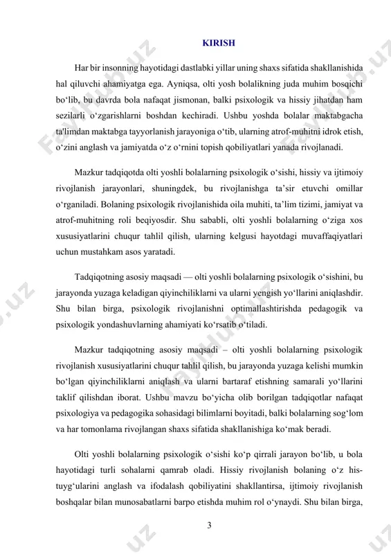 i usullari ko‘rib chiqiladi. ushbu mavzu dolzarbligi bolalarning kelajakdagi muvaffaqiyatli shaxs sifatida shakllanishida psixologik o‘sishning ahamiyati bilan belgilanadi. tadqiqot natijalari oila a’zolari, pedagoglar va psixologlar uchun muhim nazariy va amaliy yo‘riqnoma bo‘lib xizmat qiladi. bu orqali bolalar sog‘lom psixologik muhitda rivojlanishlari va o‘z salohiyatlarini to‘liq ro‘yobga chiqarishlari mumkin bo‘ladi. ushbu yoshda bolalar uchun oila muhiti va ta’lim tizimining roli nihoyatda muhimdir. oiladagi mehr-muhabbat va qo‘llab-quvvatlash bolaning hissiy barqarorligini ta’minlaydi, maktabgacha ta’lim esa intellektual va ijtimoiy rivojlanish uchun zarur shart-sharoitlarni yaratadi. shuningdek, bu davrda bolaning nutq rivojlanishi, mantiqiy fikrlash, ijodiy salohiyatni rivojlantirish kabi jarayonlar jadal kechadi. mazkur tadqiqot olti yoshli bolalarning psixologik o‘sish jarayonlarini tahlil qilish, bu rivojlanishga ta’sir etuvchi omillarni aniqlash va bolaning salohiyatini to‘liq ro‘yobga chiqarishga ko‘maklashuvchi yondashuvlarni o‘rganishga bag‘ishlangan. i bob. oltin yoshlilarning psixologik o'shishini tahlil qilish 1.1. psixologik o'shishning ta’rifi psixologik o‘sish – bu insonning ruhiy rivojlanish jarayoni bo‘lib, u shaxsning bilish, hissiy va ijtimoiy jihatlarini o‘z …